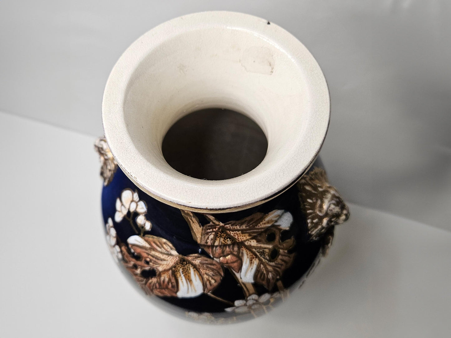 Japanese Cobalt Satsuma Kinkozam Vase with Kenran-de (Gold Paint) on Decorative Relief- 1910 - 1920 Meiji Period- 12.5" w/Elephant Handles