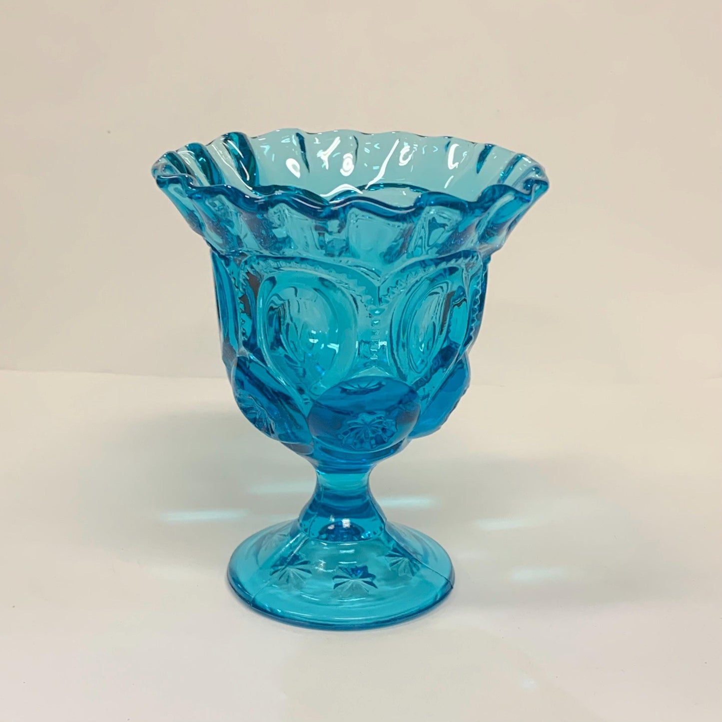 L.E. Smith Co. - Moon and Stars Blue Footed Compote with Crimped Edge - Moon and Stars Blue Pedestal Bowl