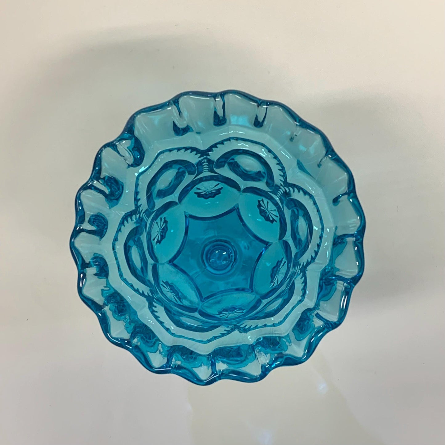 L.E. Smith Co. - Moon and Stars Blue Footed Compote with Crimped Edge - Moon and Stars Blue Pedestal Bowl