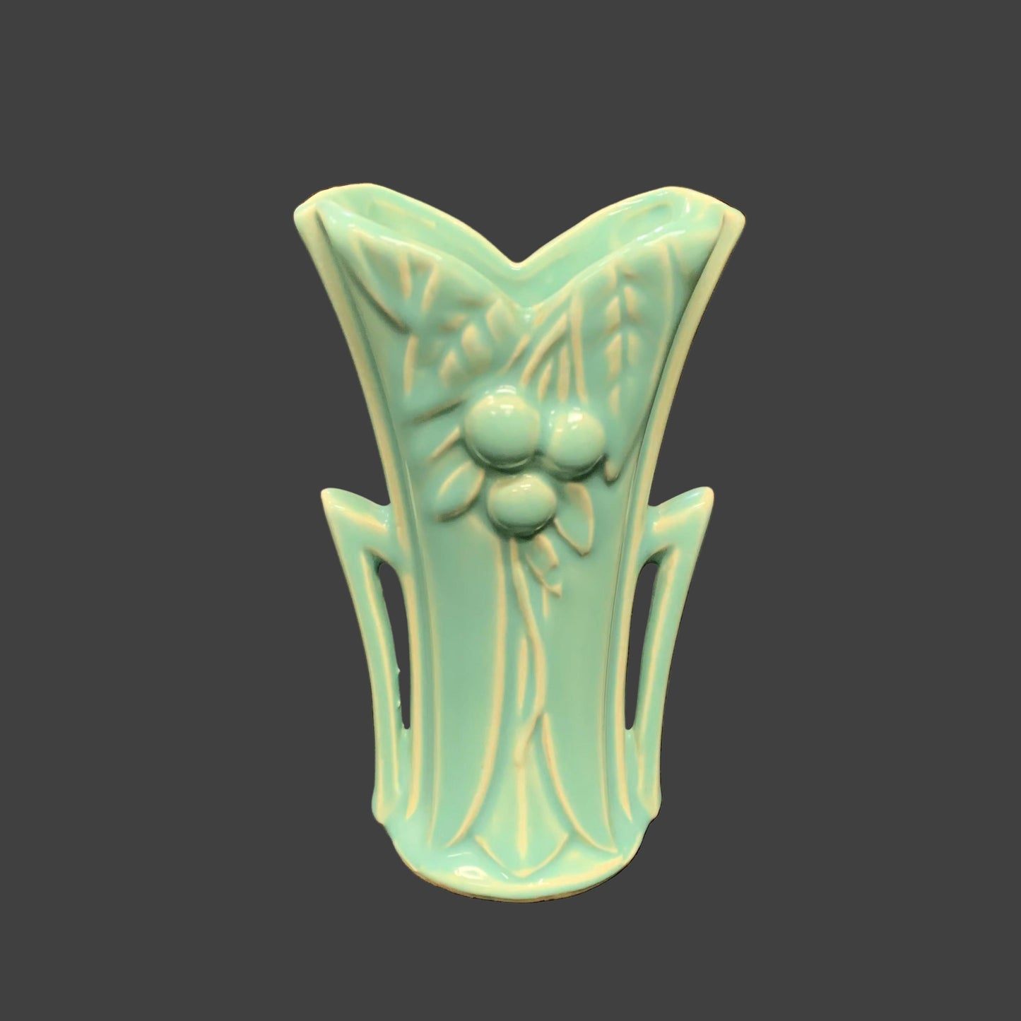 Aqua Blue Leaves and Berries with Handles McCoy Vase - 5.75" Tall McCoy Vase -