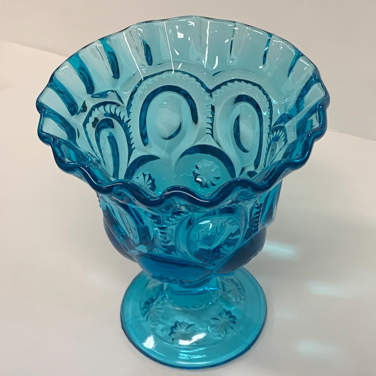 L.E. Smith Co. - Moon and Stars Blue Footed Compote with Crimped Edge - Moon and Stars Blue Pedestal Bowl