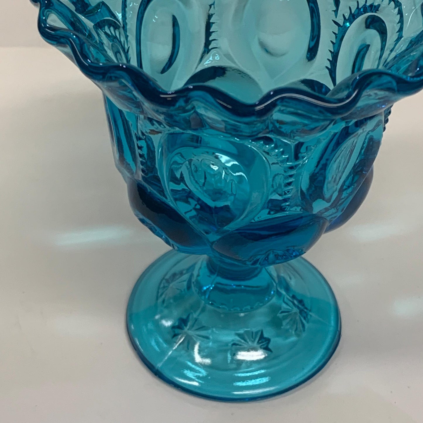 L.E. Smith Co. - Moon and Stars Blue Footed Compote with Crimped Edge - Moon and Stars Blue Pedestal Bowl