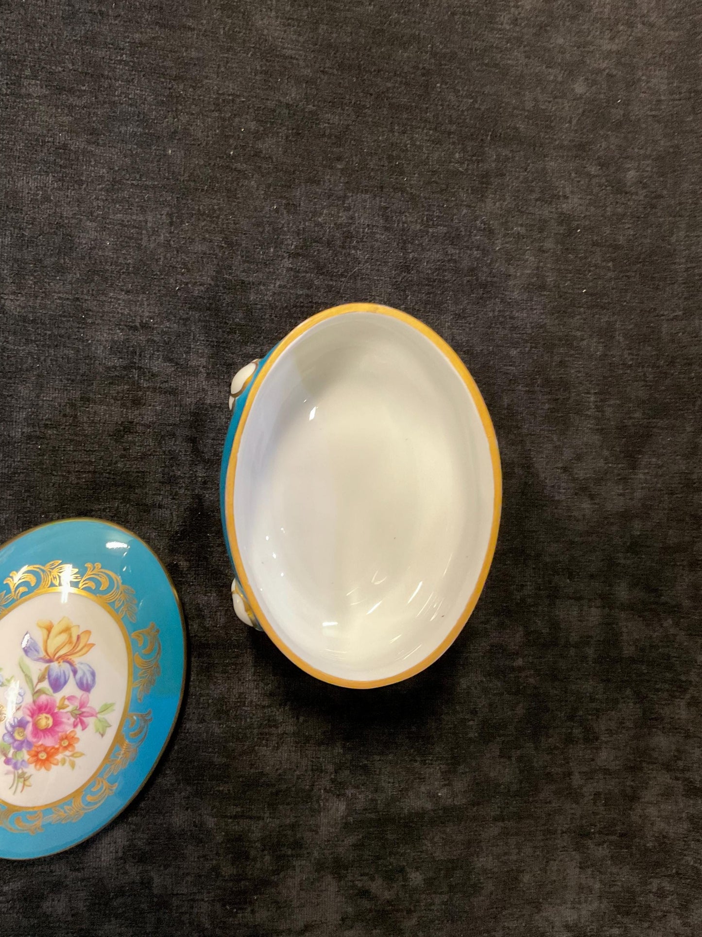 Handpainted JLMenau Graf von Henneberg Porzellan Jewelry/Trinket Dish Made in Germany- Small Gold-edged Footed Bowl With Lid