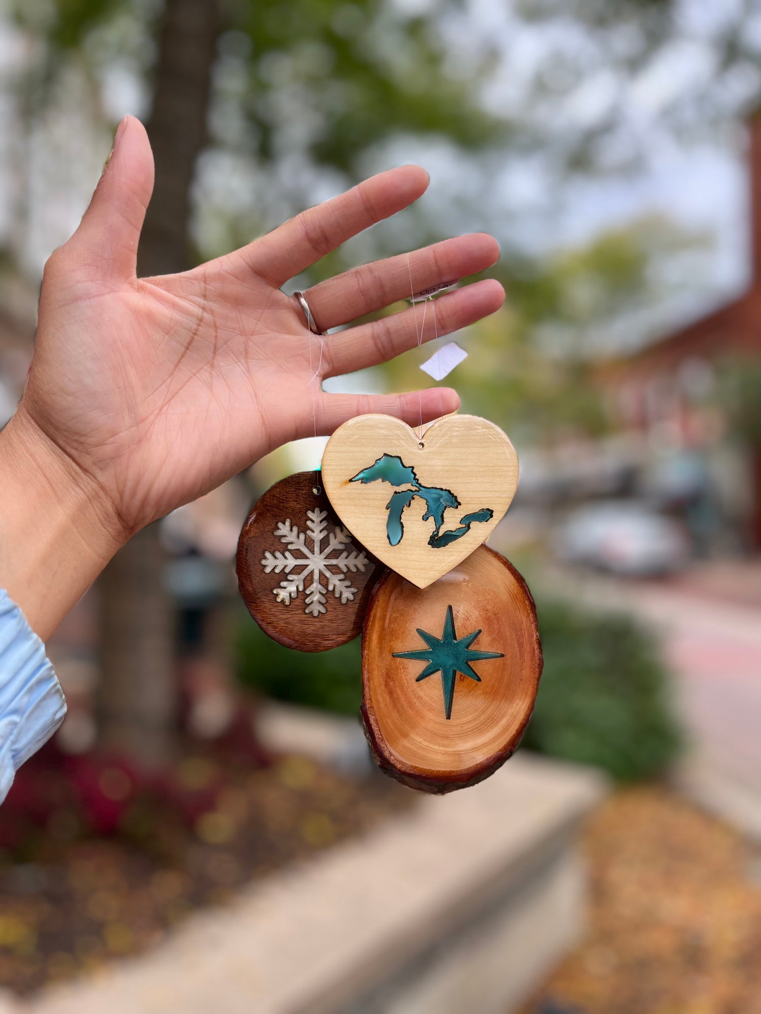 kzoo in the mitten, k'zoo in the mitten, kalamazoo, michigan gifts, michigan, Pat Hirsch, petals and postings, Lake Michigan, lake cut out, stars, snowflakes, online shop, store, shop kalamazoo, kalamazoo, michigan, Christmas ornaments, Handmade Gifts, Michigan Gifts