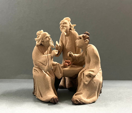 Chinese Shiwan Mudmen Eating Fruit - Decorative Figurines for Bonsai Tree