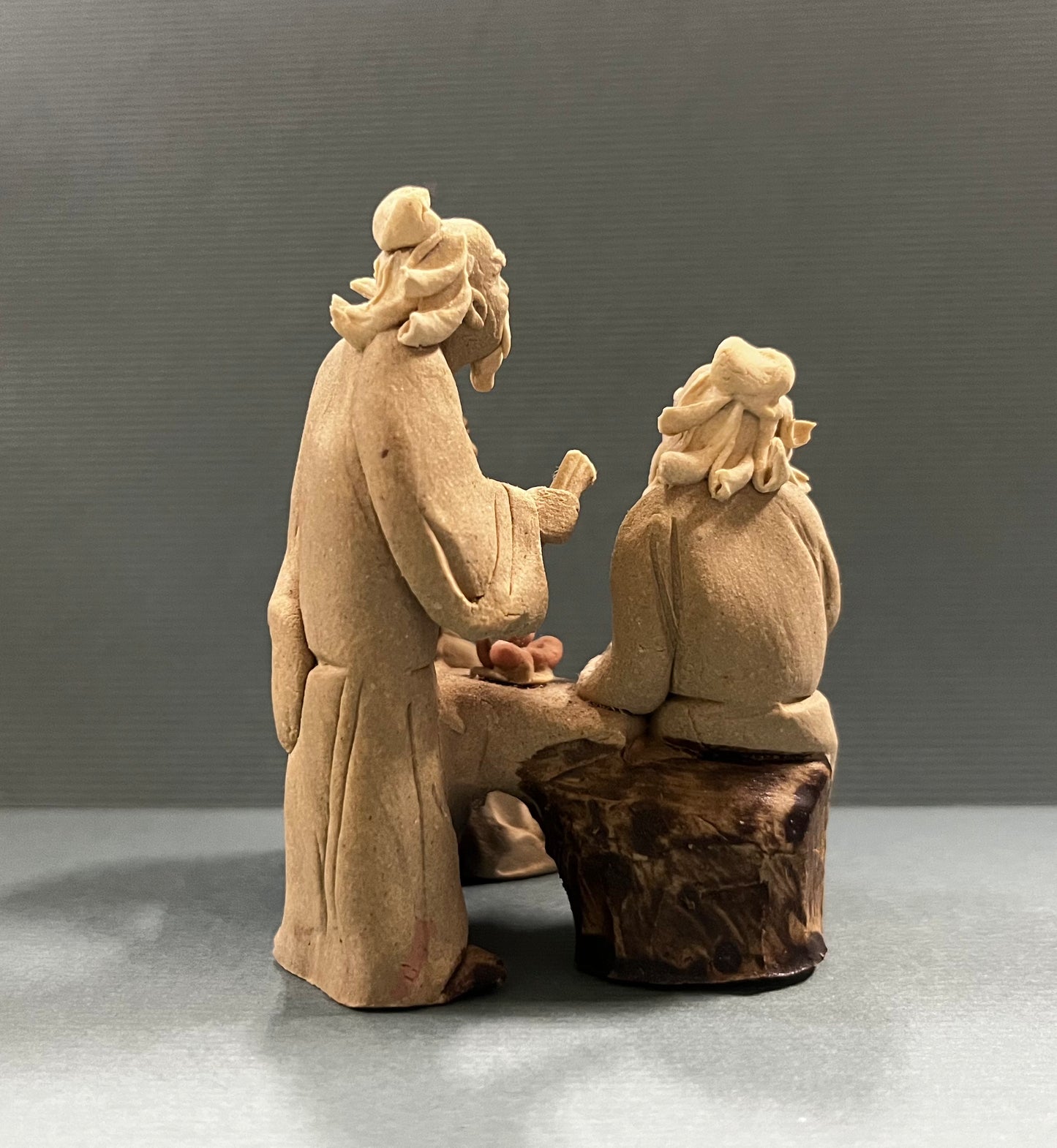 Chinese Shiwan Mudmen Eating Fruit - Decorative Figurines for Bonsai Tree