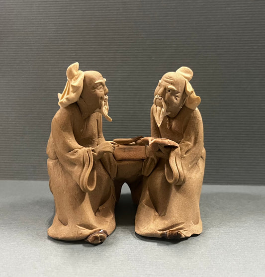 Chinese Shiwan Mudmen Discussing Book - Decorative Figurines for Bonsai Tree