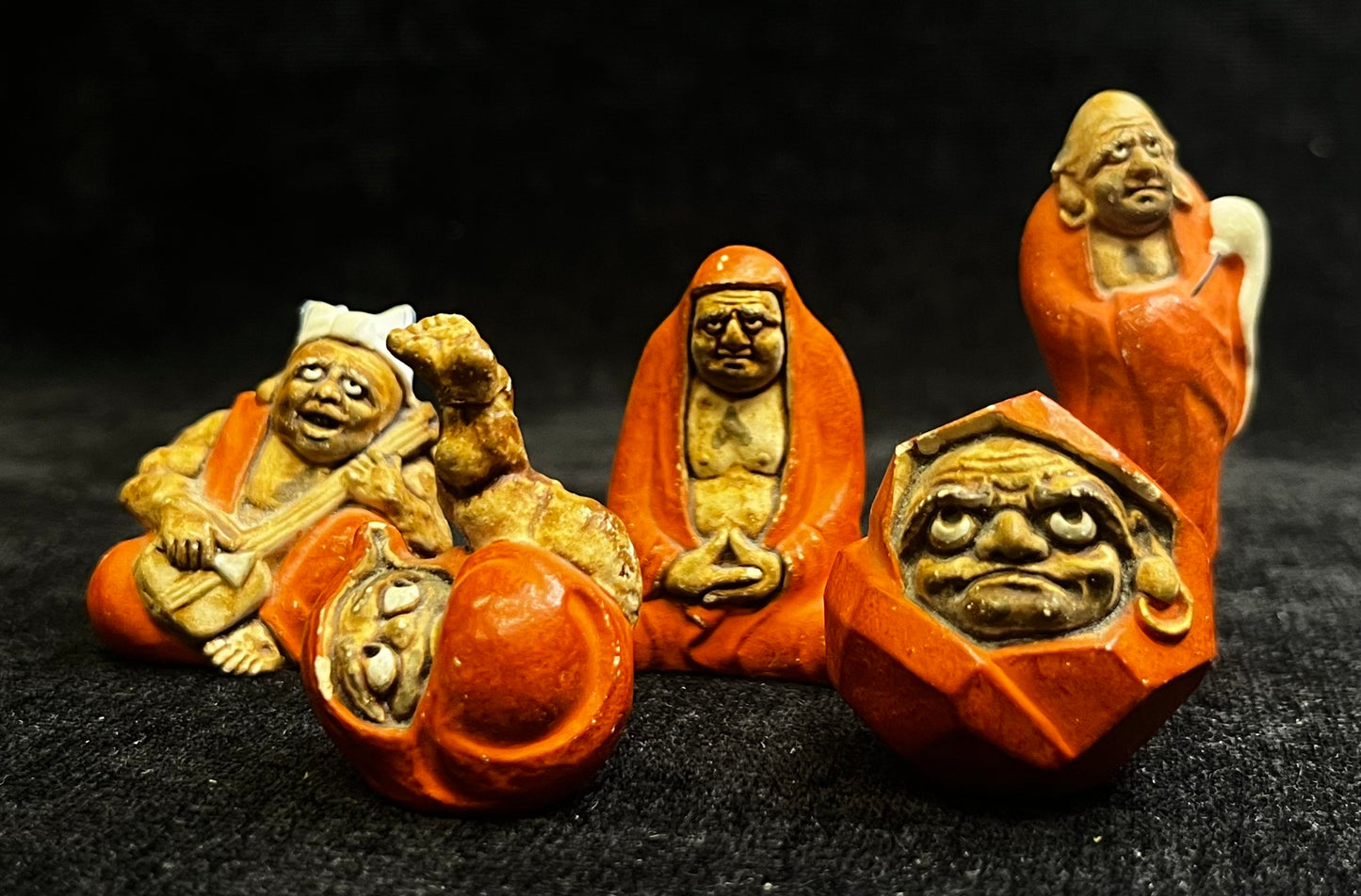 Miniature Japanese Buddhist Daruma Dolls - Traditional Buddhist Ceramic Dolls - Sold as Set of 5