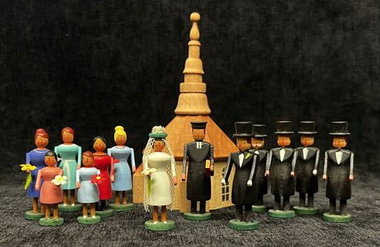 1960s-1980s Miniature Seiffen Bridal Procession with Church - Pristine Condition - Sold as Set - Set of 13 Figurines and 1 Church