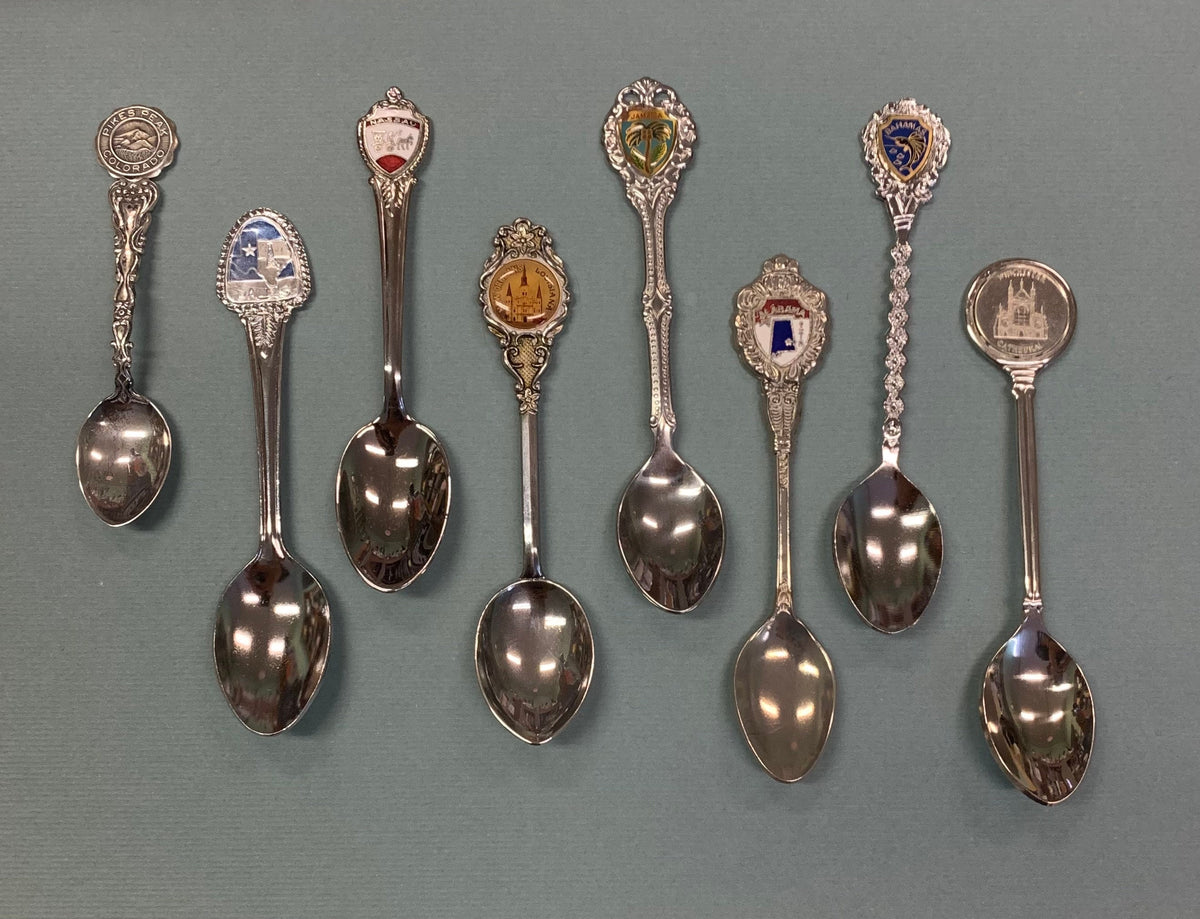 Collectible Mid-century Souvenir Spoons - Pikes Peak, Dallas, Nassau, Jamaica, New Orleans, Bahamas, Winchester Cathedral in England, Alabama