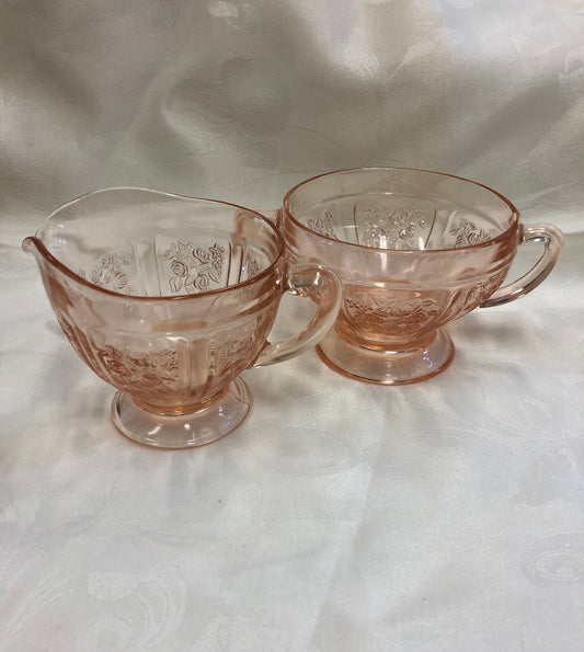 Sharon Pink Depression Glass Cream and Sugar Set - Federal Glass Company - 1939 - Pink Glass Cream and Sugar Set