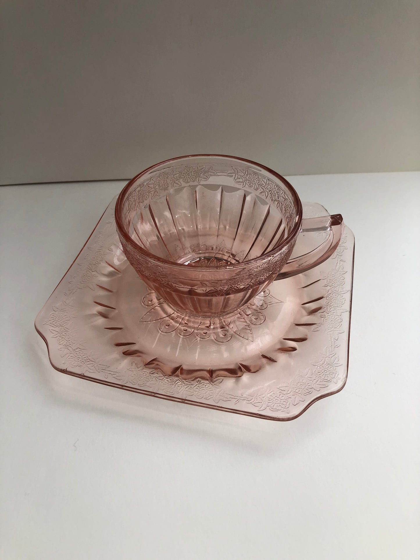 Pink Jeannette Depression Glass Adam Teacups and Saucers (12 available) Vintage 1930's
