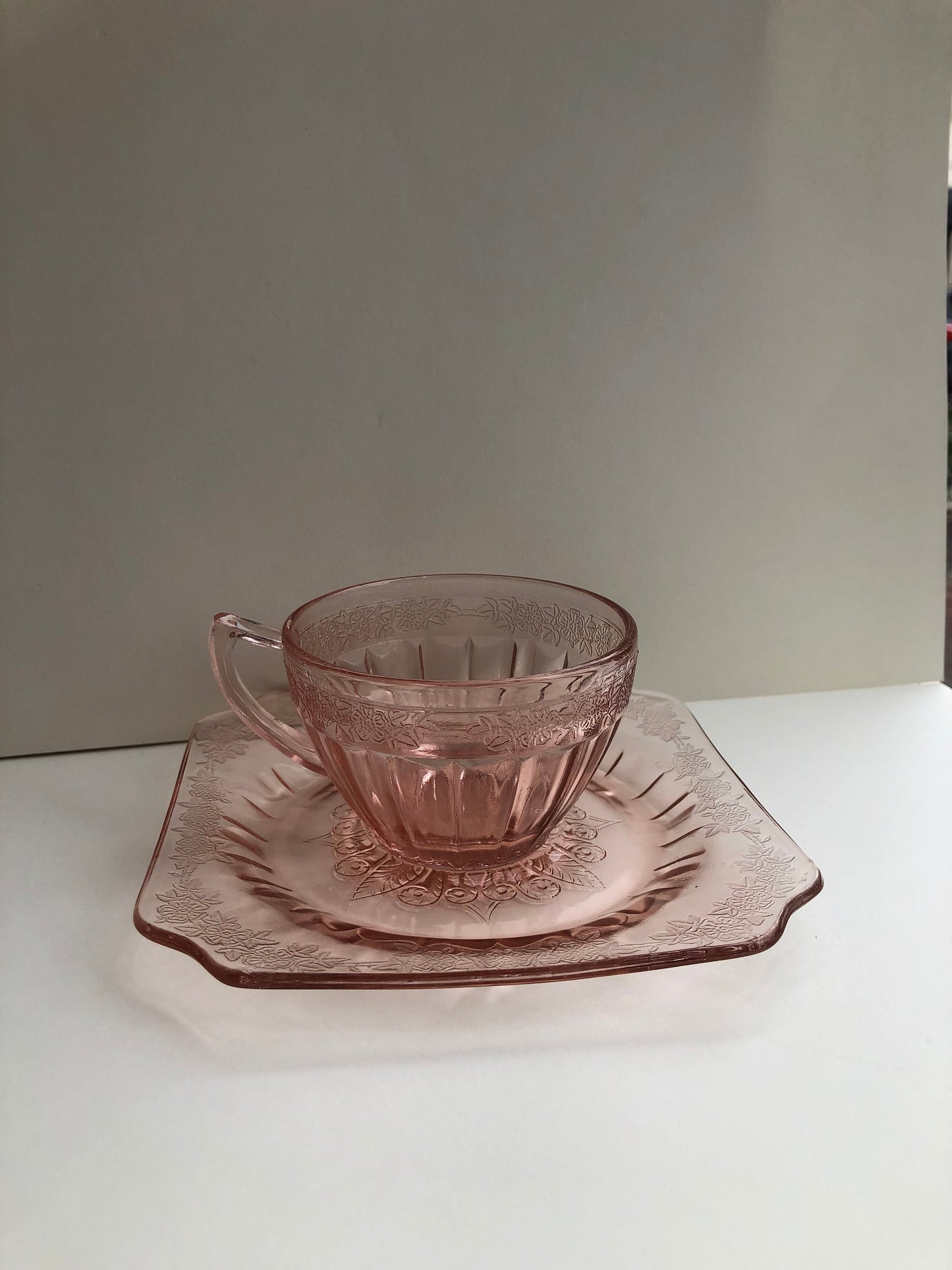 Pink Jeannette Depression Glass Adam Teacups and Saucers (12 available) Vintage 1930's