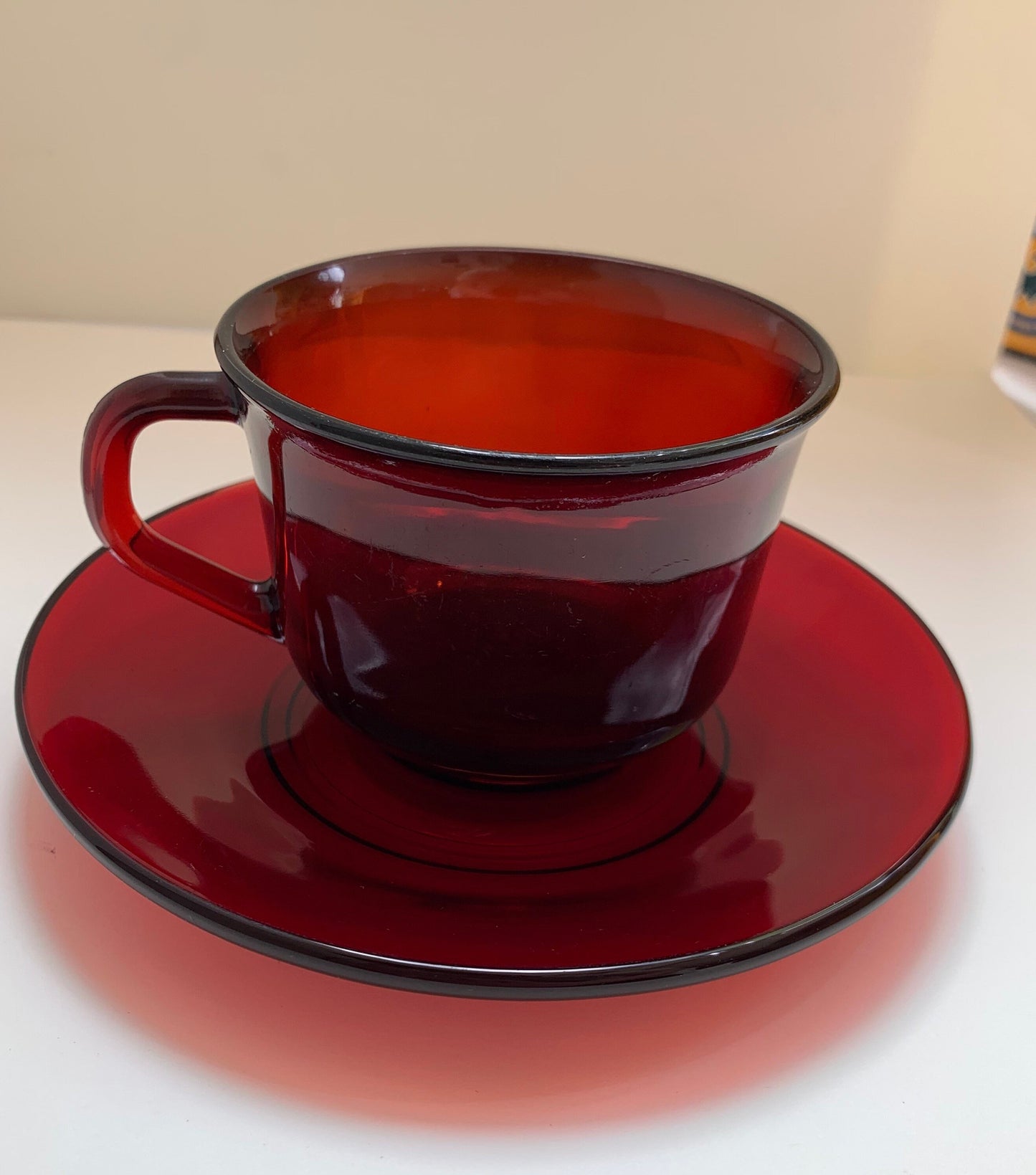 Pressed Ruby Glass Cup and Saucer Set - Vintage
