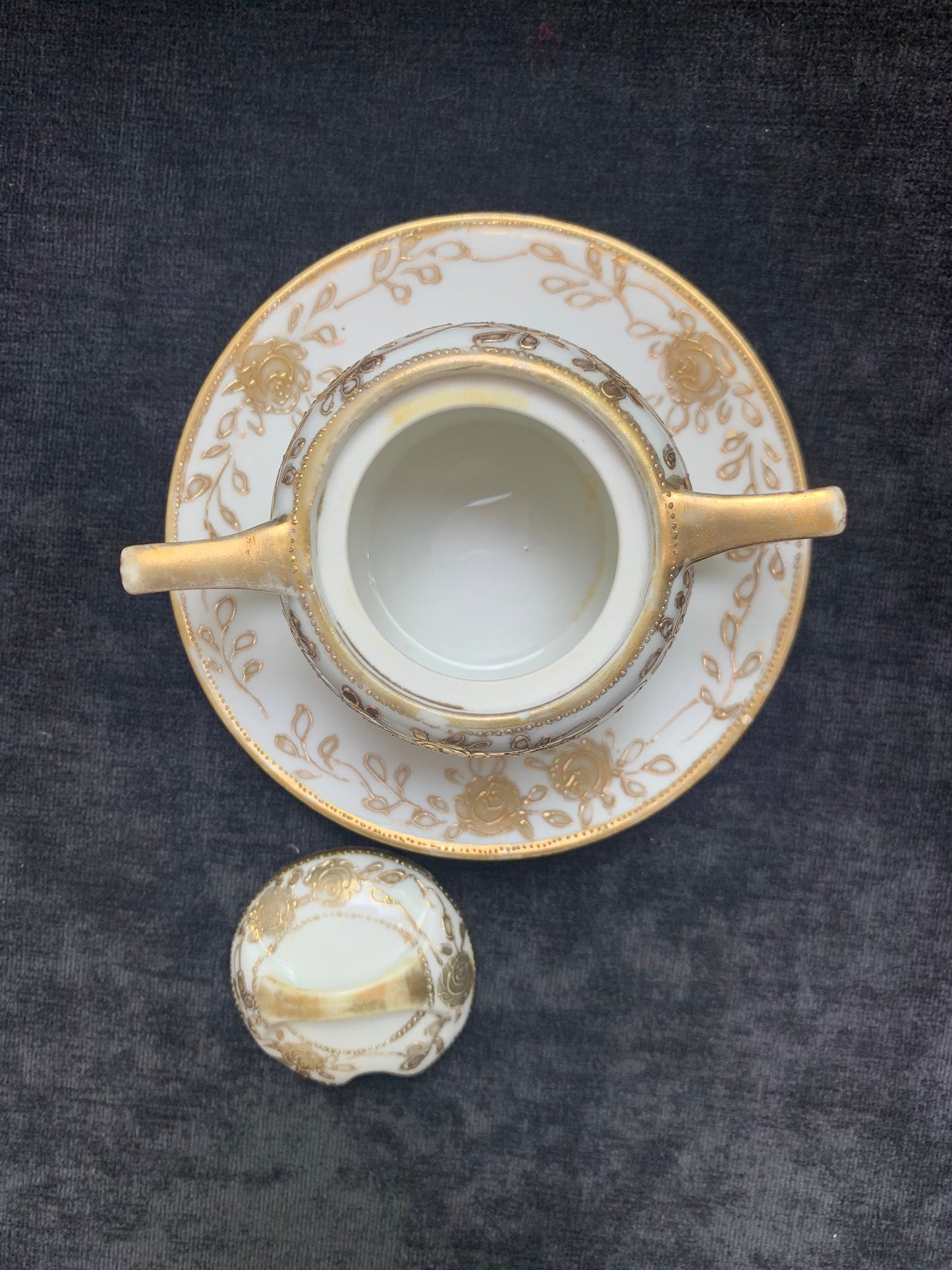 Hand Painted 14K Gold Nippon Mustard Server - Mustard server with Underplate