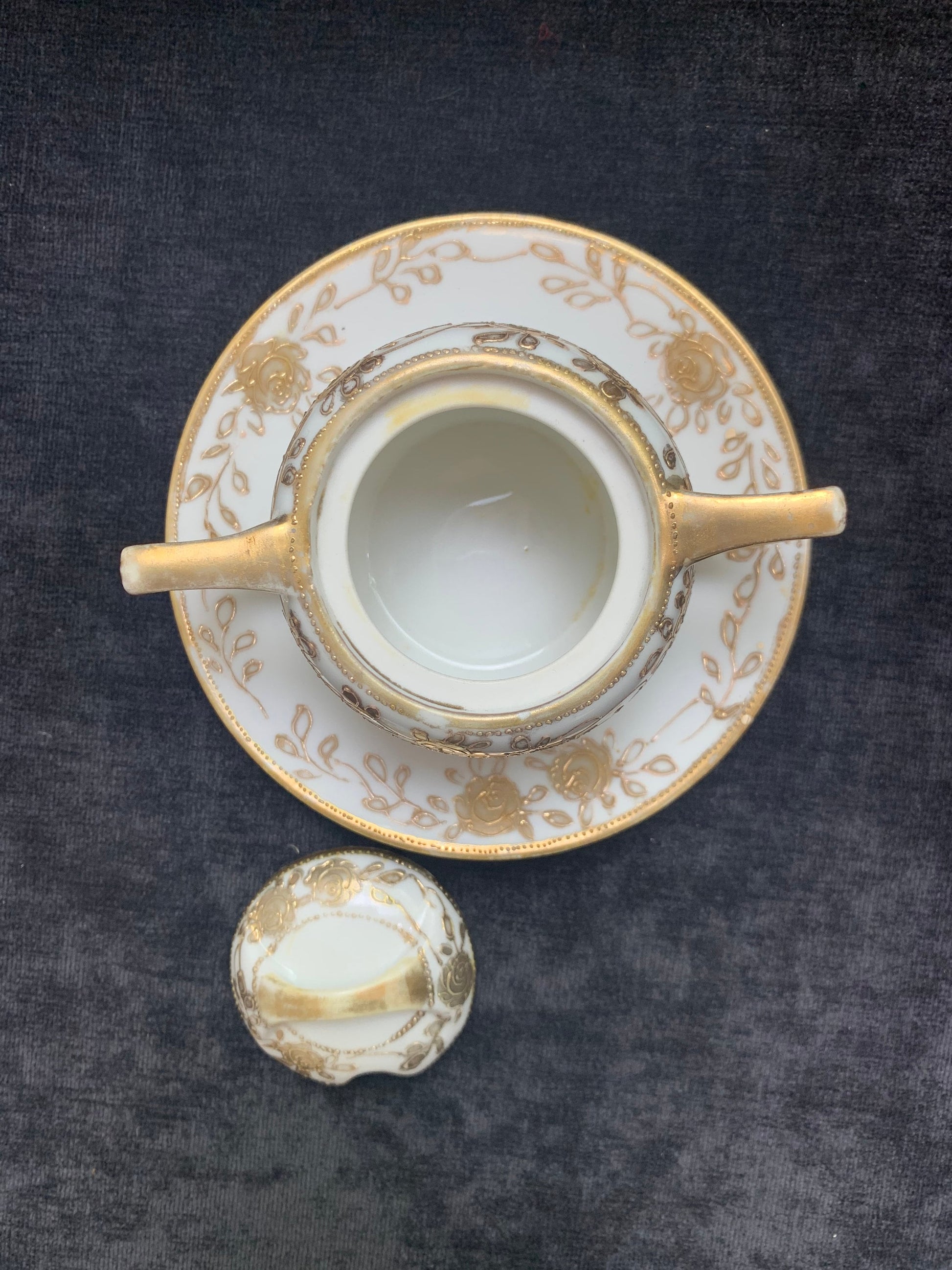 Hand Painted 14K Gold Nippon Mustard Server - Mustard server with Underplate