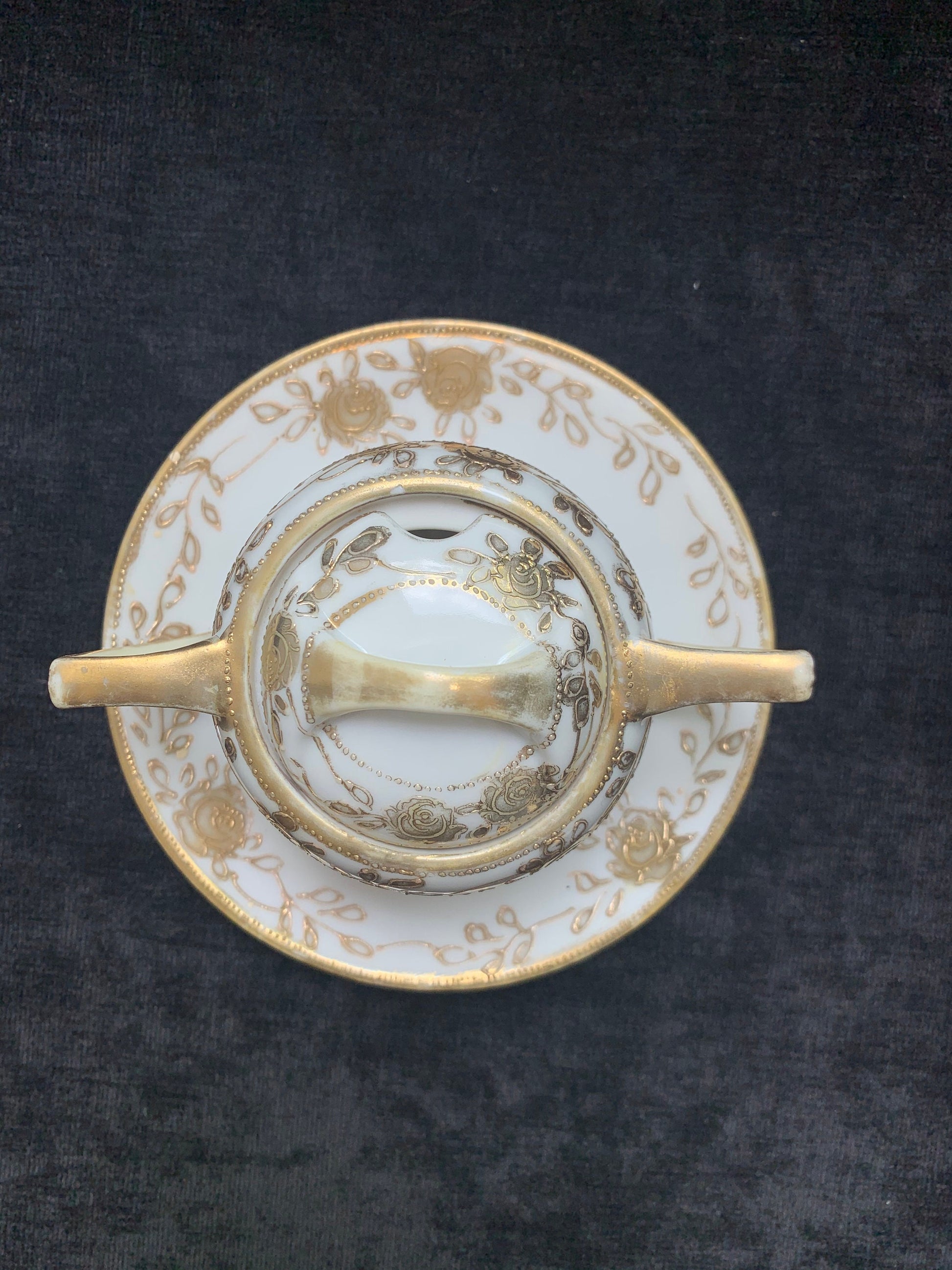 Hand Painted 14K Gold Nippon Mustard Server - Mustard server with Underplate