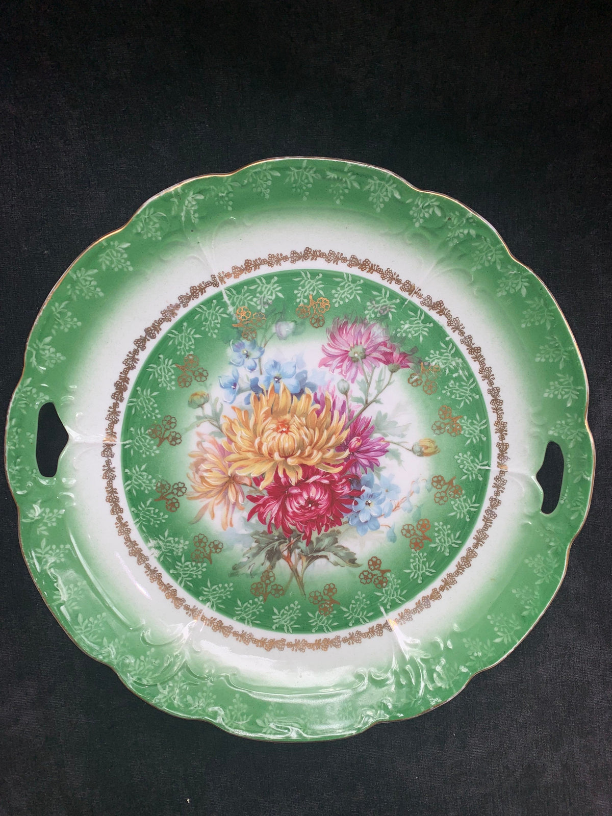 Hand Painted Floral with Green Border Cake/Sweets Server - 1940s