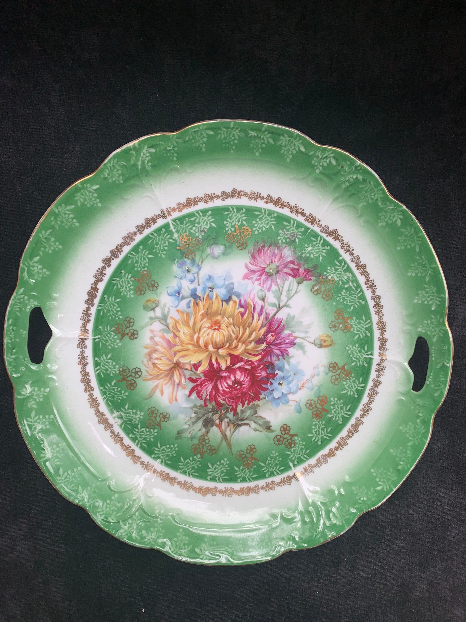 Hand Painted Floral with Green Border Cake/Sweets Server - 1940s