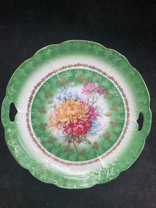 Hand Painted Floral with Green Border Cake/Sweets Server - 1940s