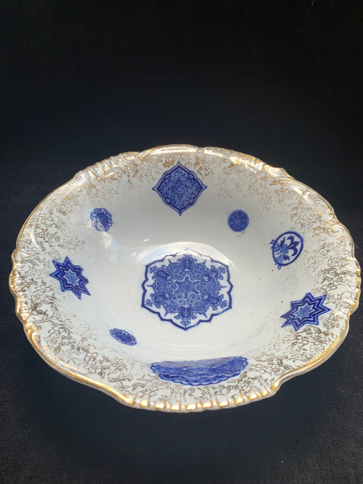 Flow Blue China Bowl with 14 K Gold Edging, James Kent Fenton - Osaka Pattern - 1913 - Very nice Victorian Bowl- Perfect ring bowl for bride
