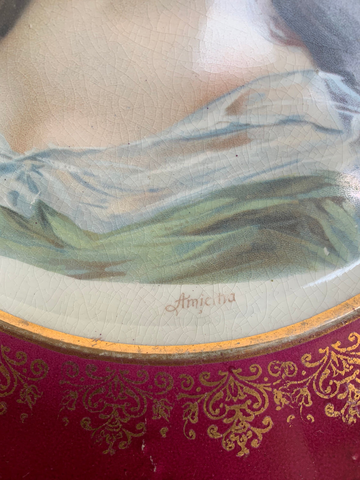 Dresden Amicitia Cabinet Plate with Brunette Woman with Maroon and Gold Rim
