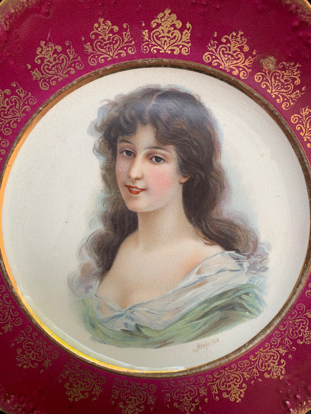 Dresden Amicitia Cabinet Plate with Brunette Woman with Maroon and Gold Rim