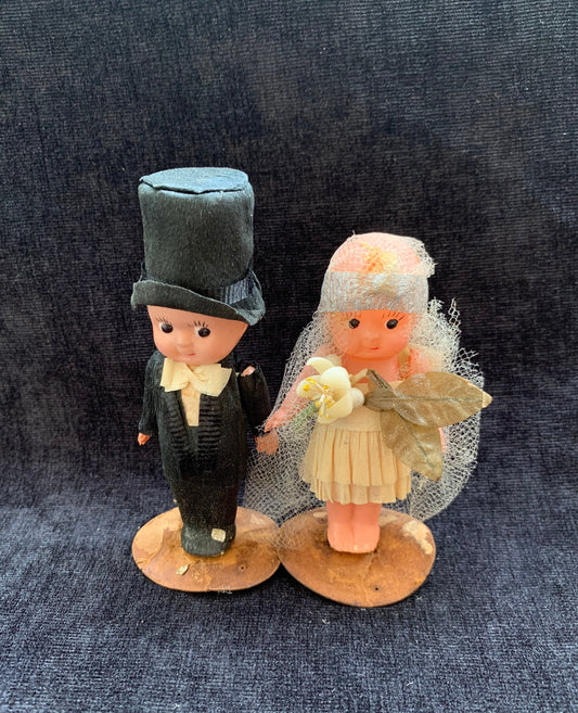 Celluloid Bride and Groom Figurines in Crepe Paper Clothes - Vintage Cake Topper From 1920's - collectible Cake Toppers sold as set