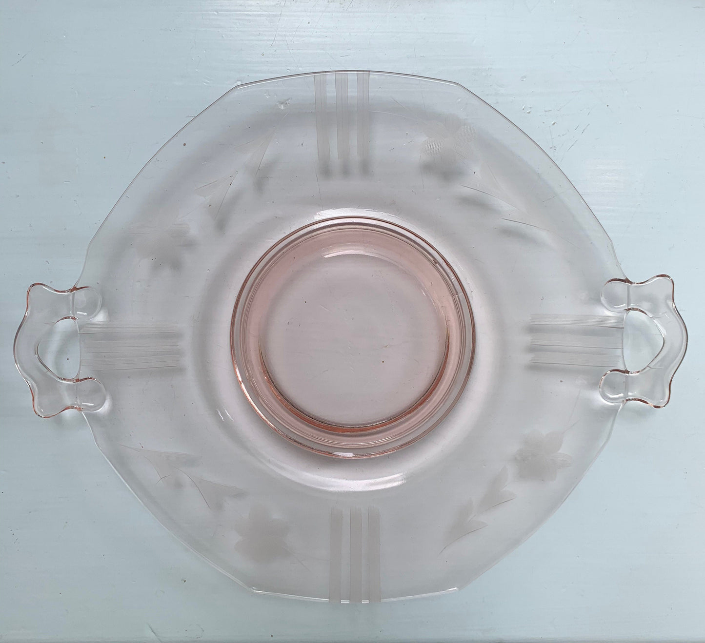 Pink Depression Glass Etched Floral and Lines Design Tray - Pink Depression Glass Cake Plate With Handles- Gorgeous Pink 13 Inch Tray