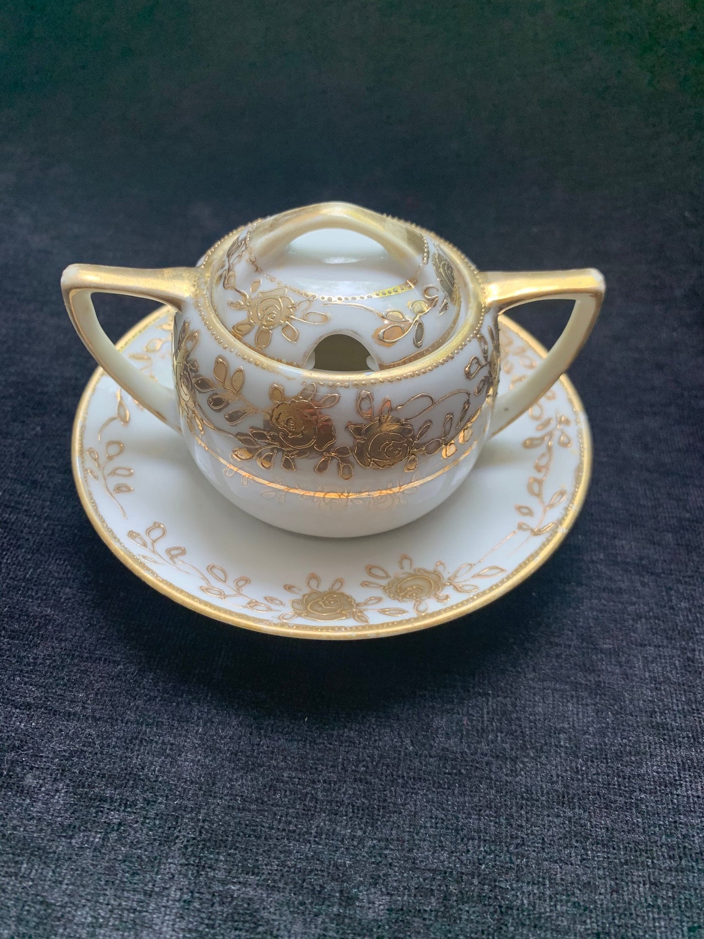 Hand Painted 14K Gold Nippon Mustard Server - Mustard server with Underplate