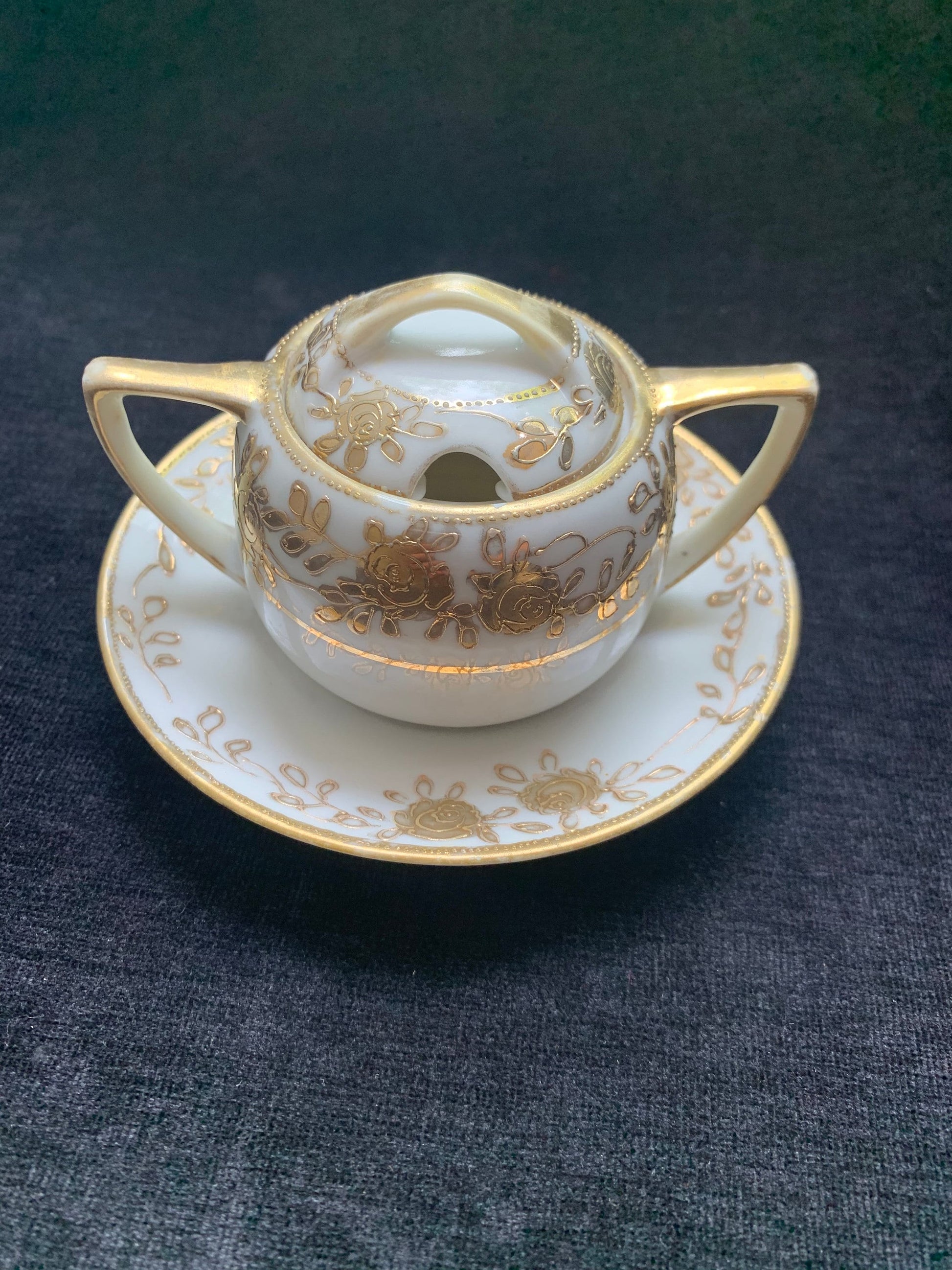 Hand Painted 14K Gold Nippon Mustard Server - Mustard server with Underplate