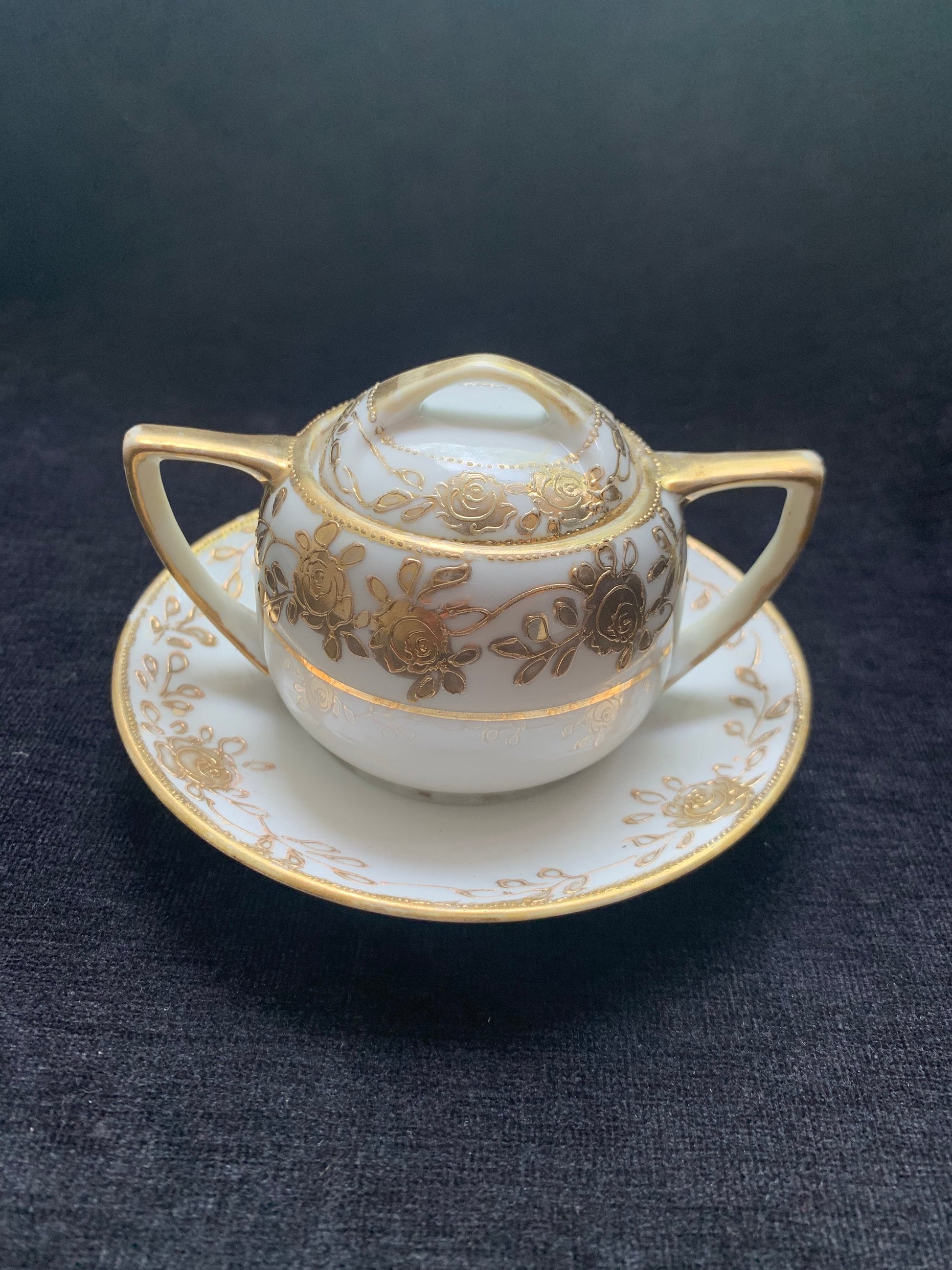 Hand Painted 14K Gold Nippon Mustard Server - Mustard server with Underplate