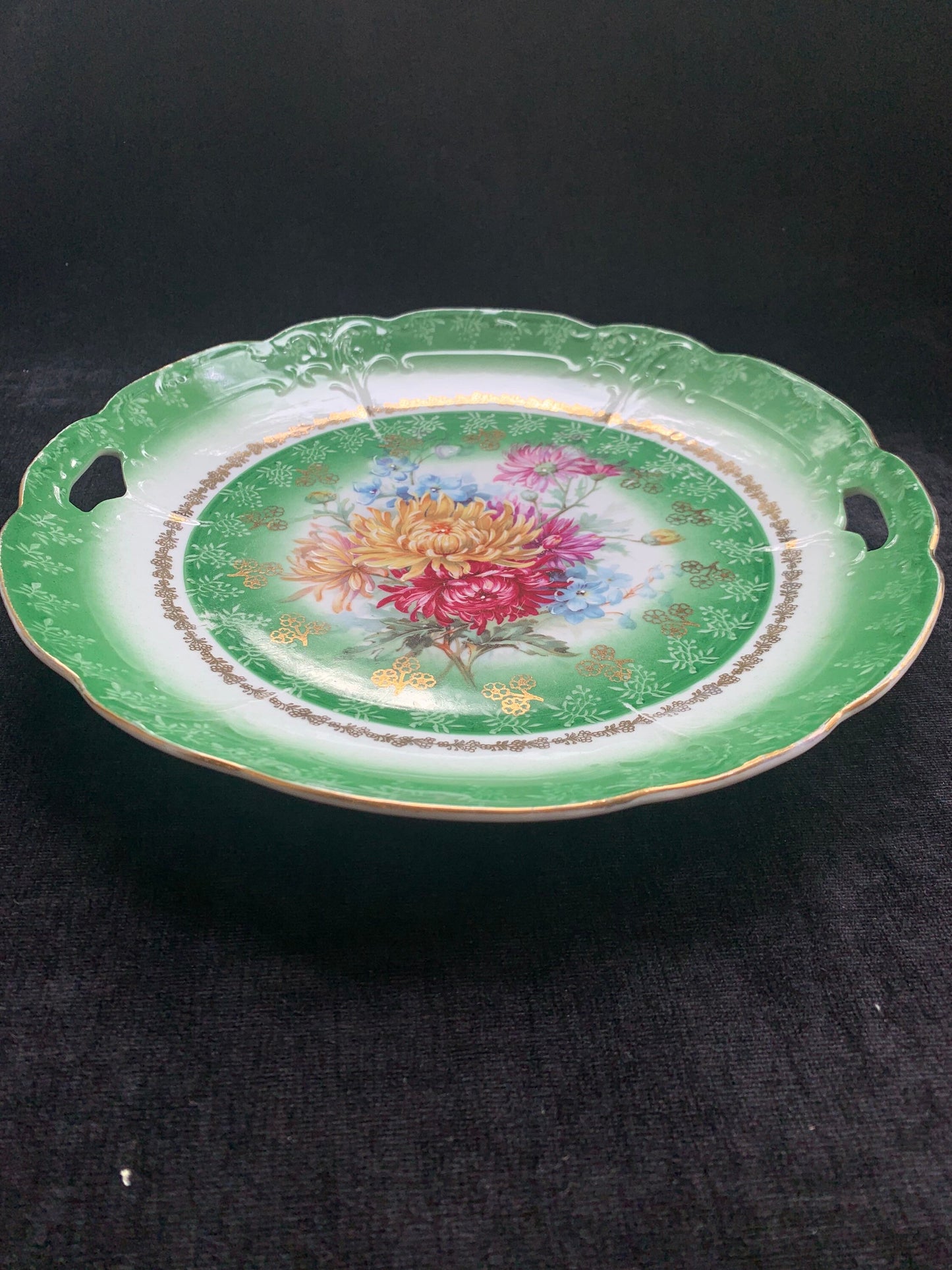 Hand Painted Floral with Green Border Cake/Sweets Server - 1940s