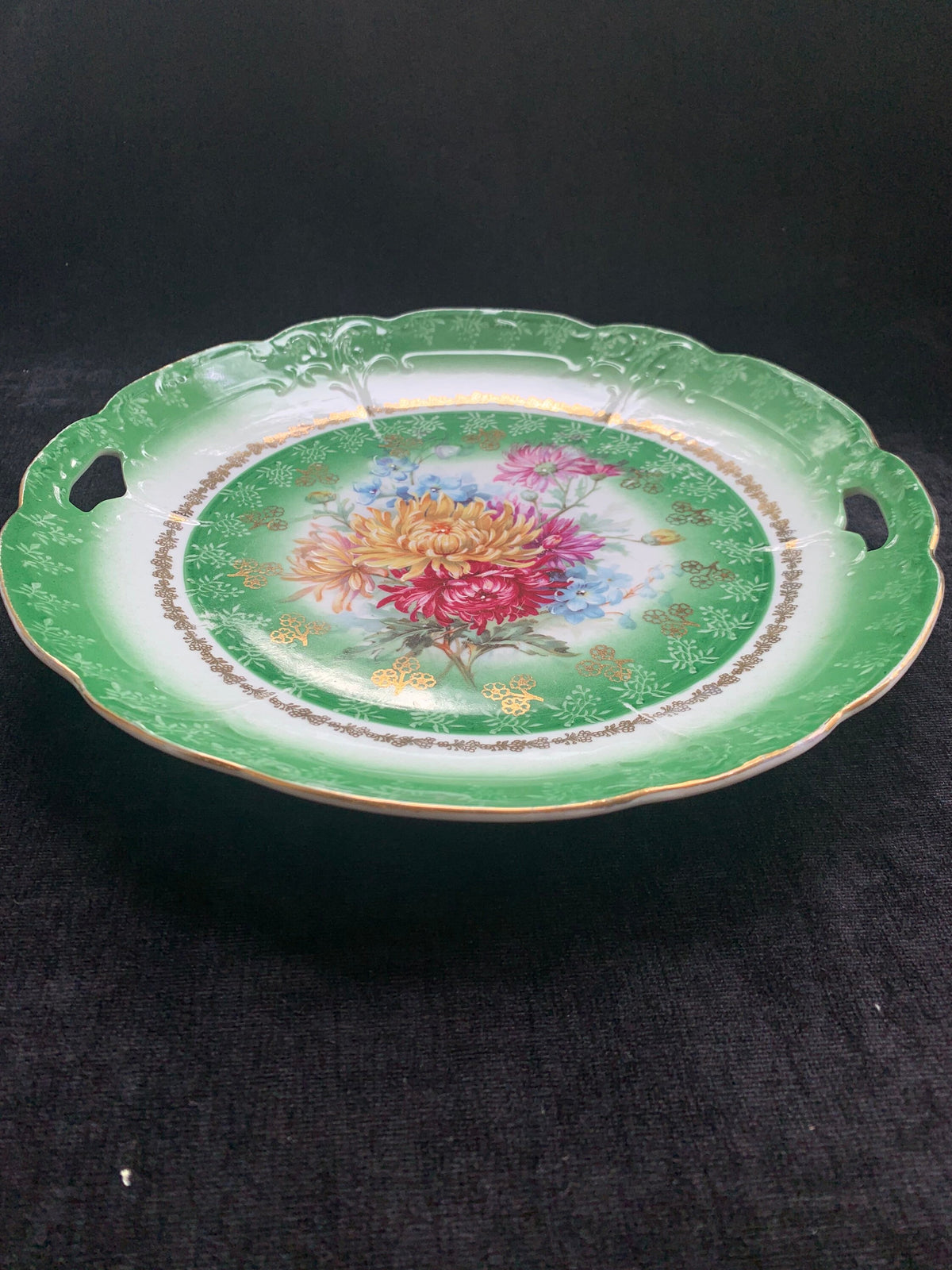 Hand Painted Floral with Green Border Cake/Sweets Server - 1940s