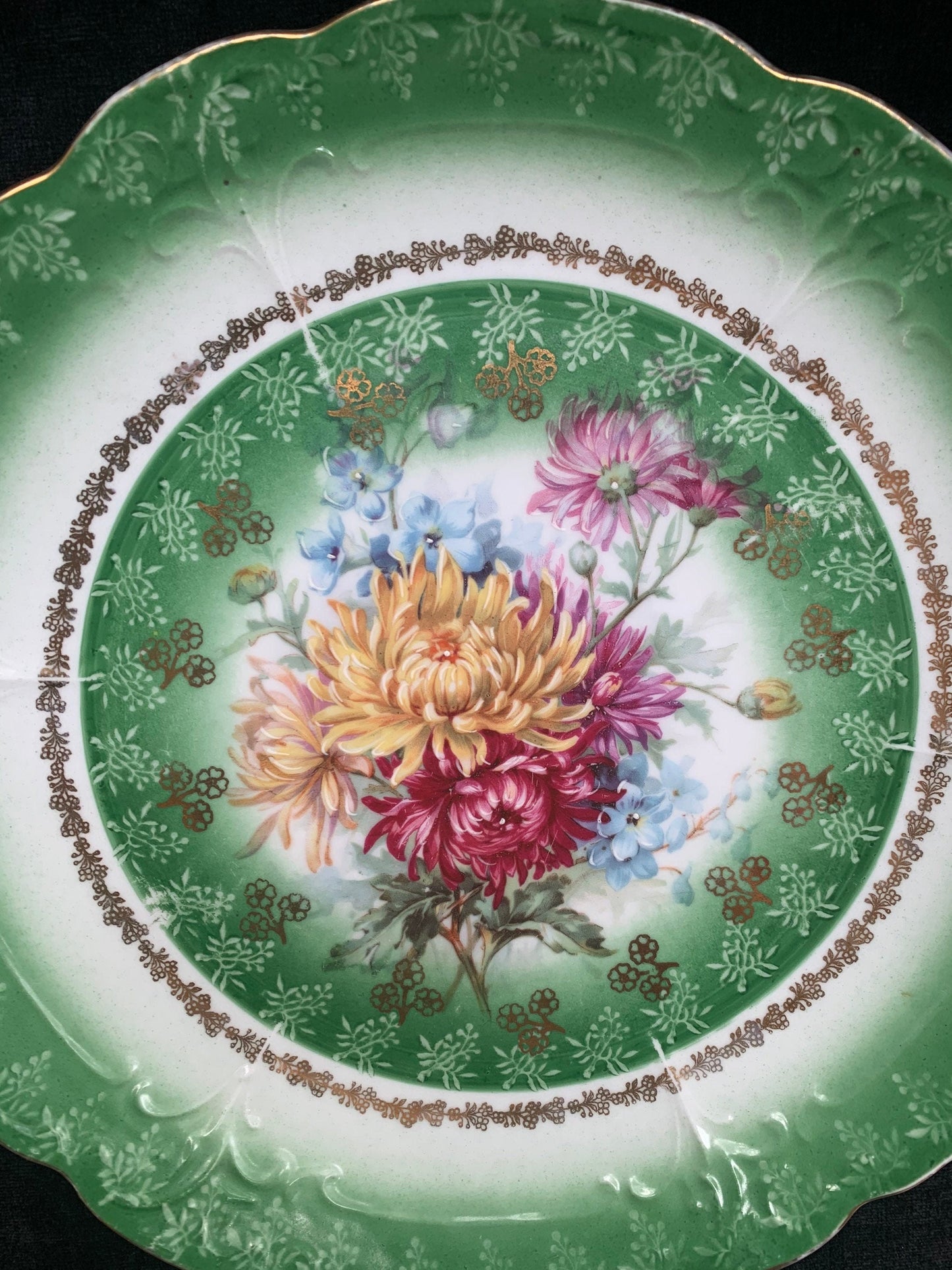 Hand Painted Floral with Green Border Cake/Sweets Server - 1940s