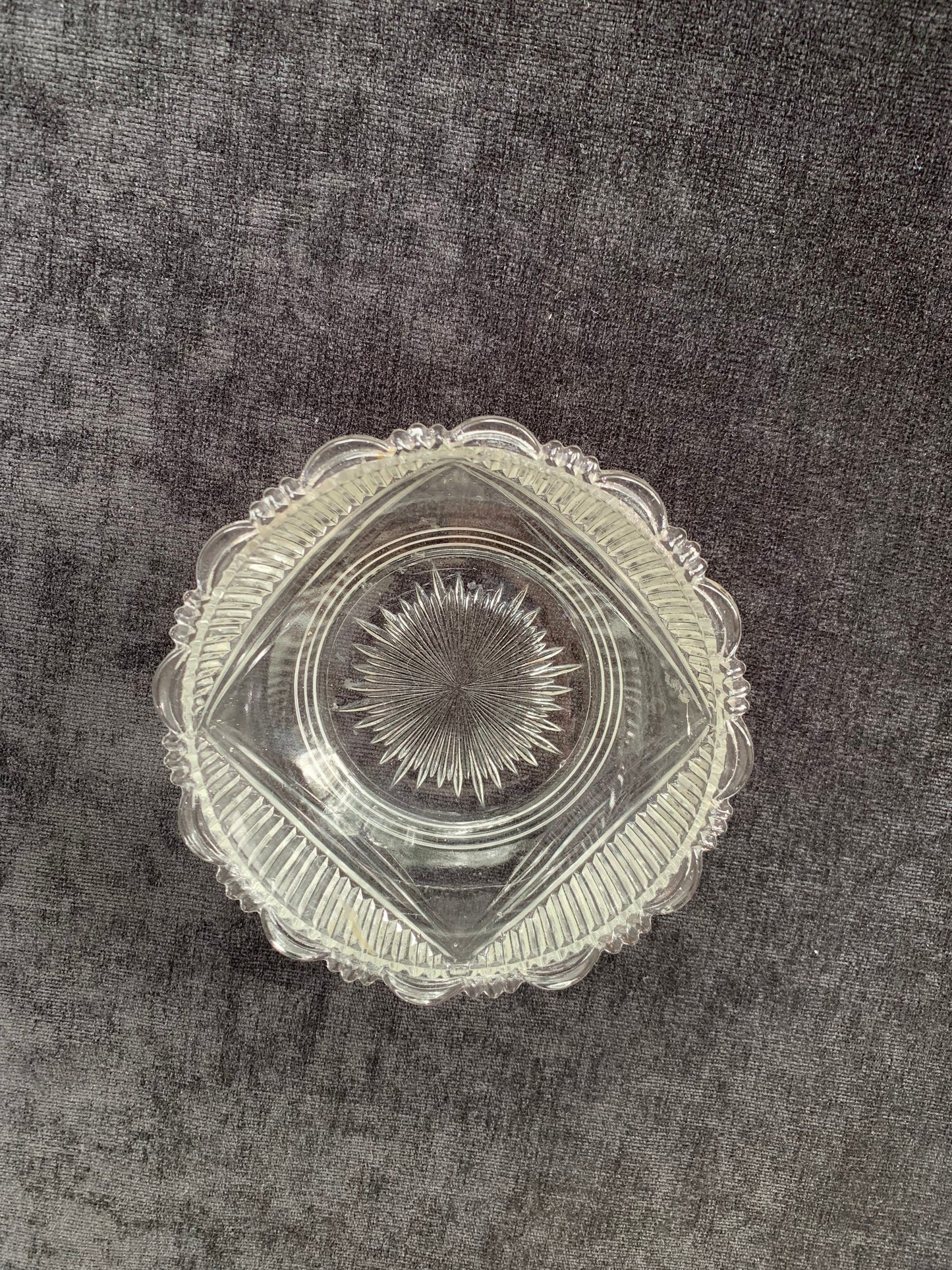 Etched Glass Candy Dish with Rays and Arches, Vintage