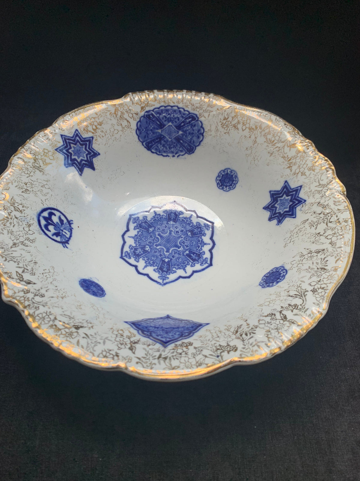 Flow Blue China Bowl with 14 K Gold Edging, James Kent Fenton - Osaka Pattern - 1913 - Very nice Victorian Bowl- Perfect ring bowl for bride