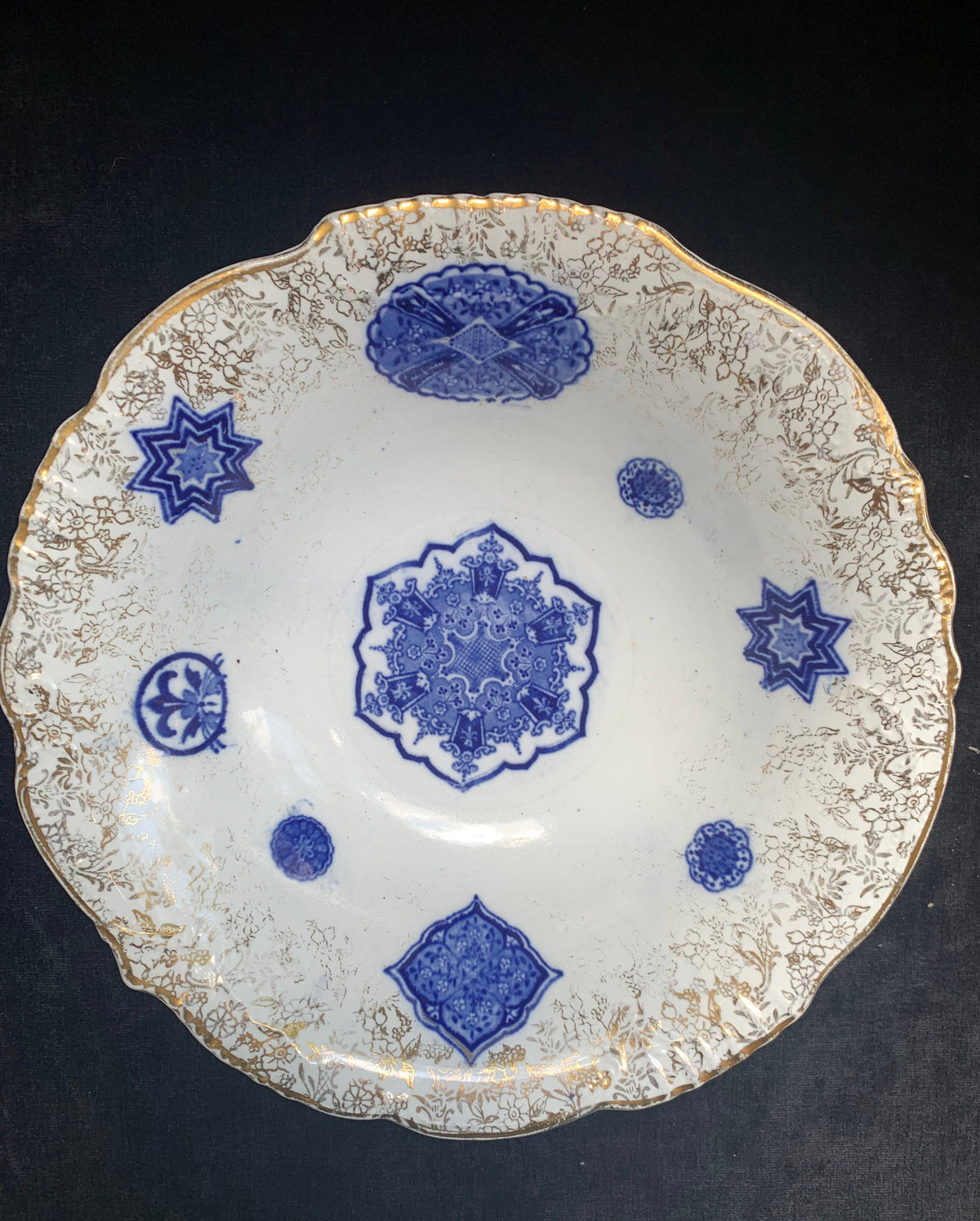 Flow Blue China Bowl with 14 K Gold Edging, James Kent Fenton - Osaka Pattern - 1913 - Very nice Victorian Bowl- Perfect ring bowl for bride