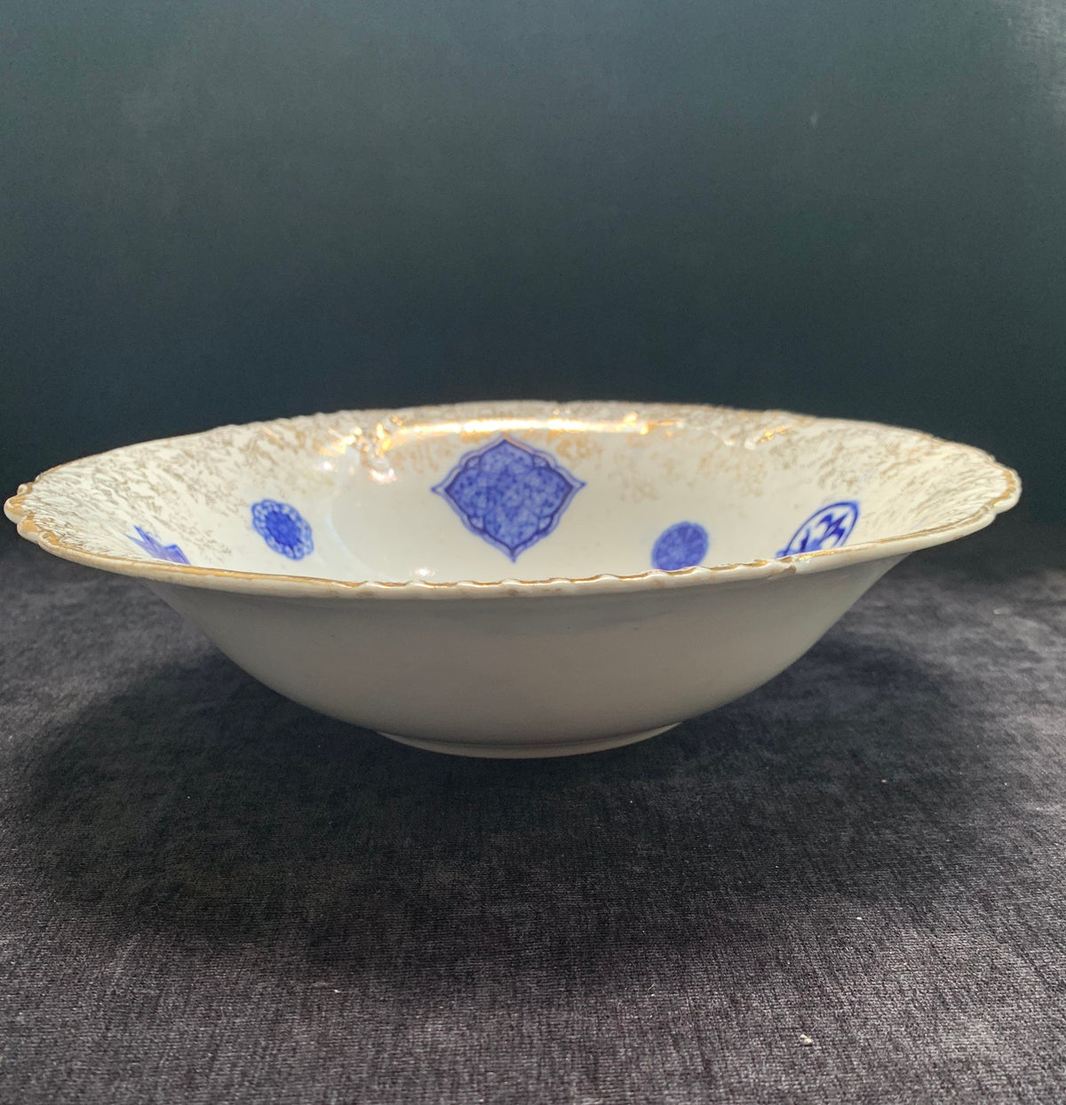 Flow Blue China Bowl with 14 K Gold Edging, James Kent Fenton - Osaka Pattern - 1913 - Very nice Victorian Bowl- Perfect ring bowl for bride