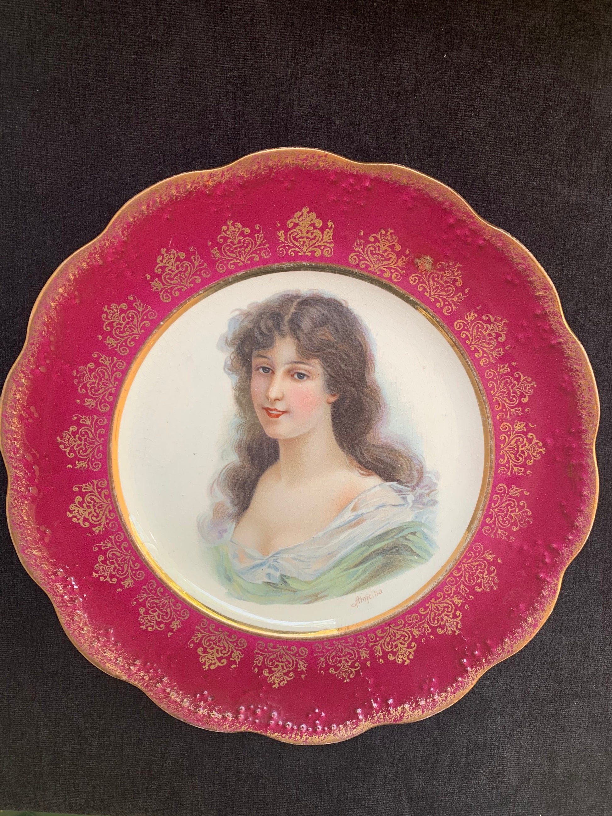 Dresden Amicitia Cabinet Plate with Brunette Woman with Maroon and Gold Rim