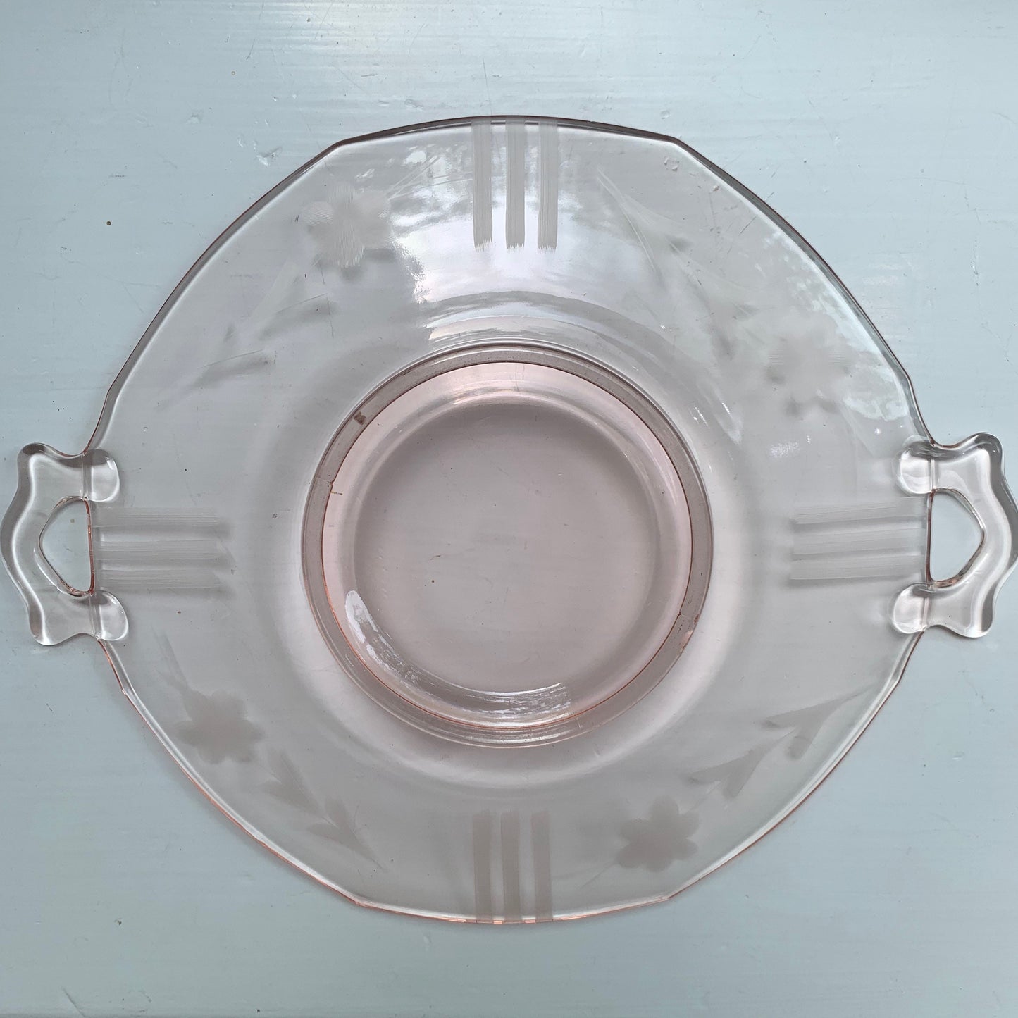 Pink Depression Glass Etched Floral and Lines Design Tray - Pink Depression Glass Cake Plate With Handles- Gorgeous Pink 13 Inch Tray
