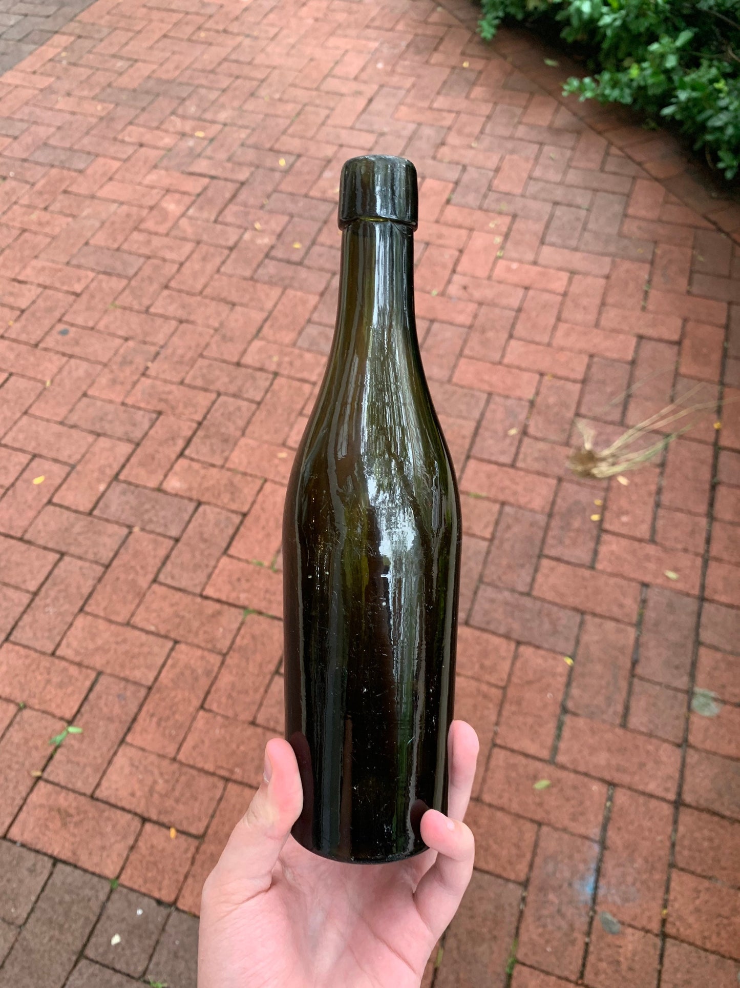 Rare mouth blown Black Glass Blob Top Wine Bottle Unmarked with Vent Marks