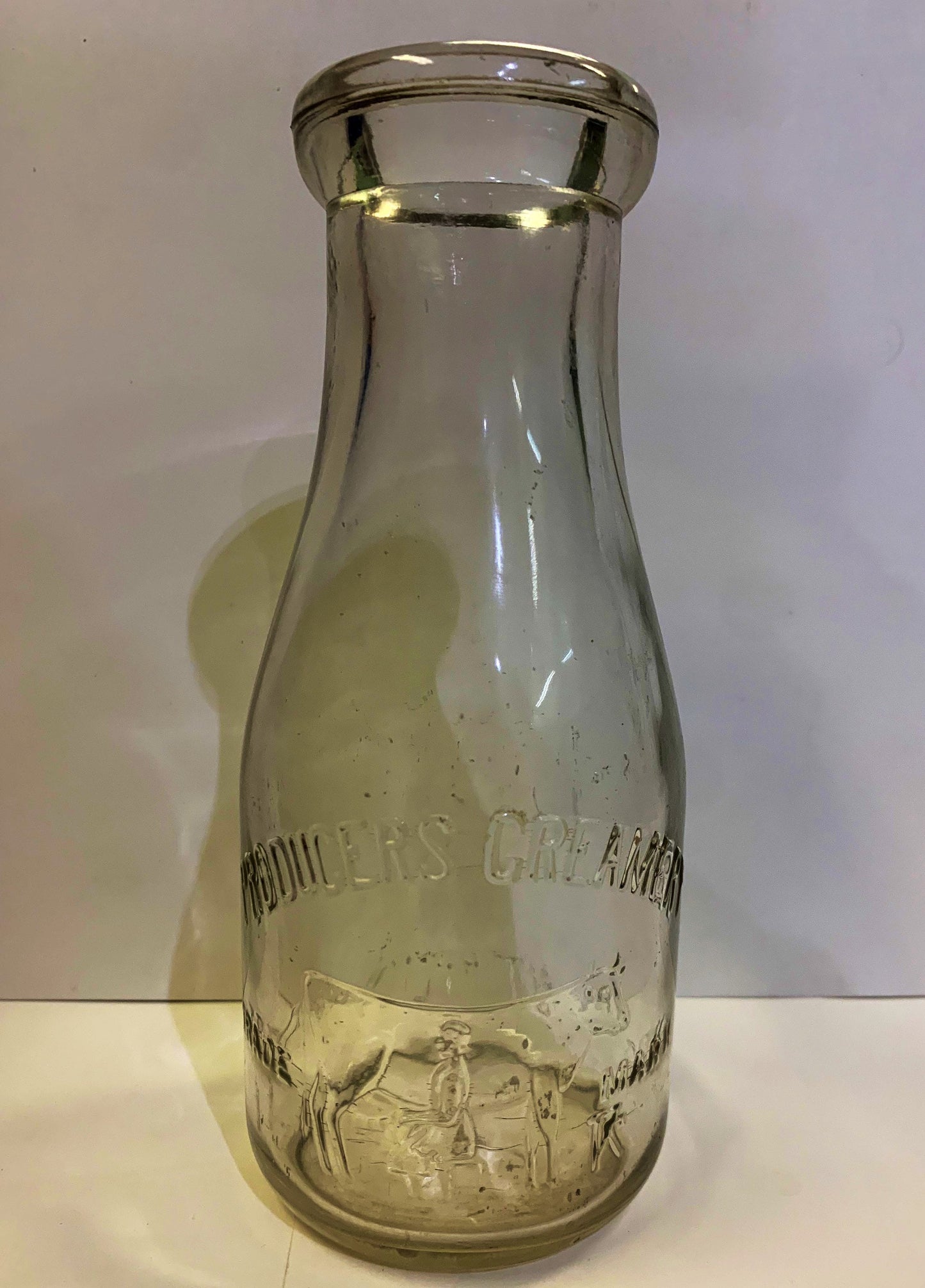Rare Producer's Creamery Pint Milk Bottle, Early Bottle Design, Milkmaid with Cow Embossed design, Cow design Milk Bottle