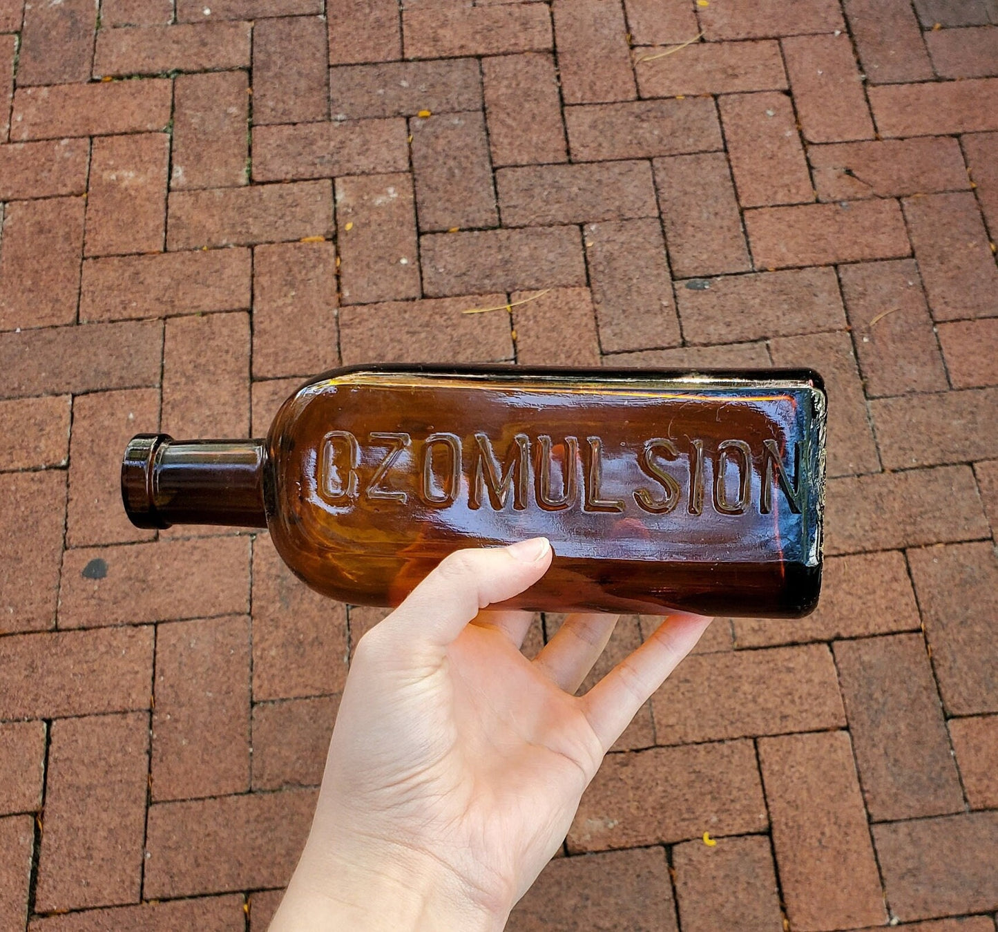 Ozomulsion Amber Glass Bottle Cork Top, late 1800s