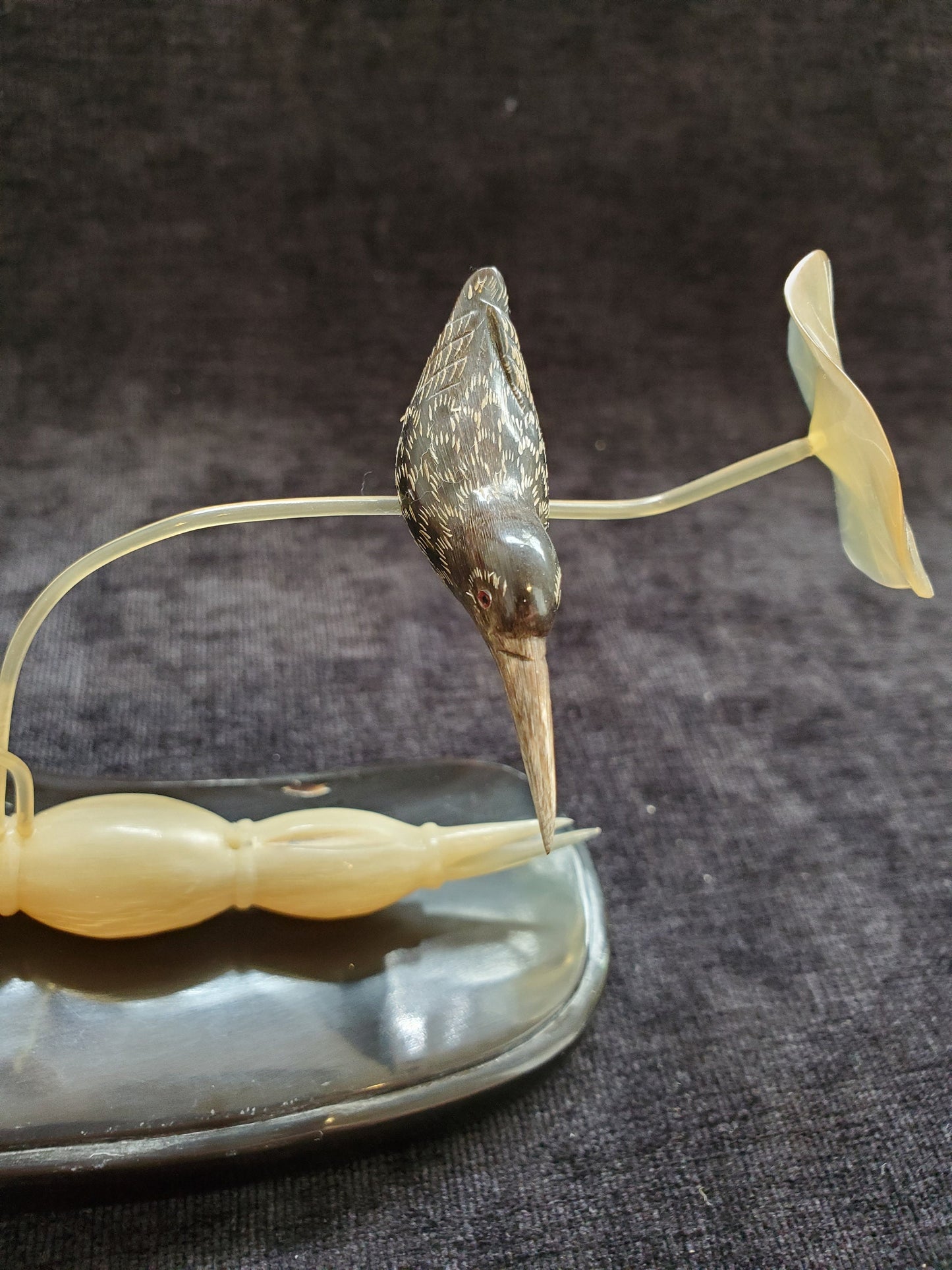 Carved Horn Chinese Bird and Lily Pad Sculpture Rare Peoples Republic of China Paper Label