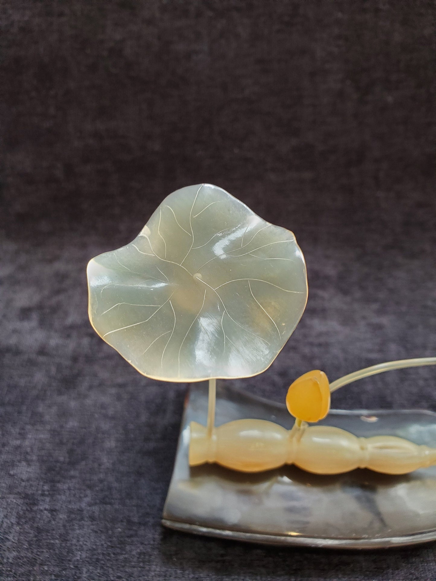 Carved Horn Chinese Bird and Lily Pad Sculpture Rare Peoples Republic of China Paper Label