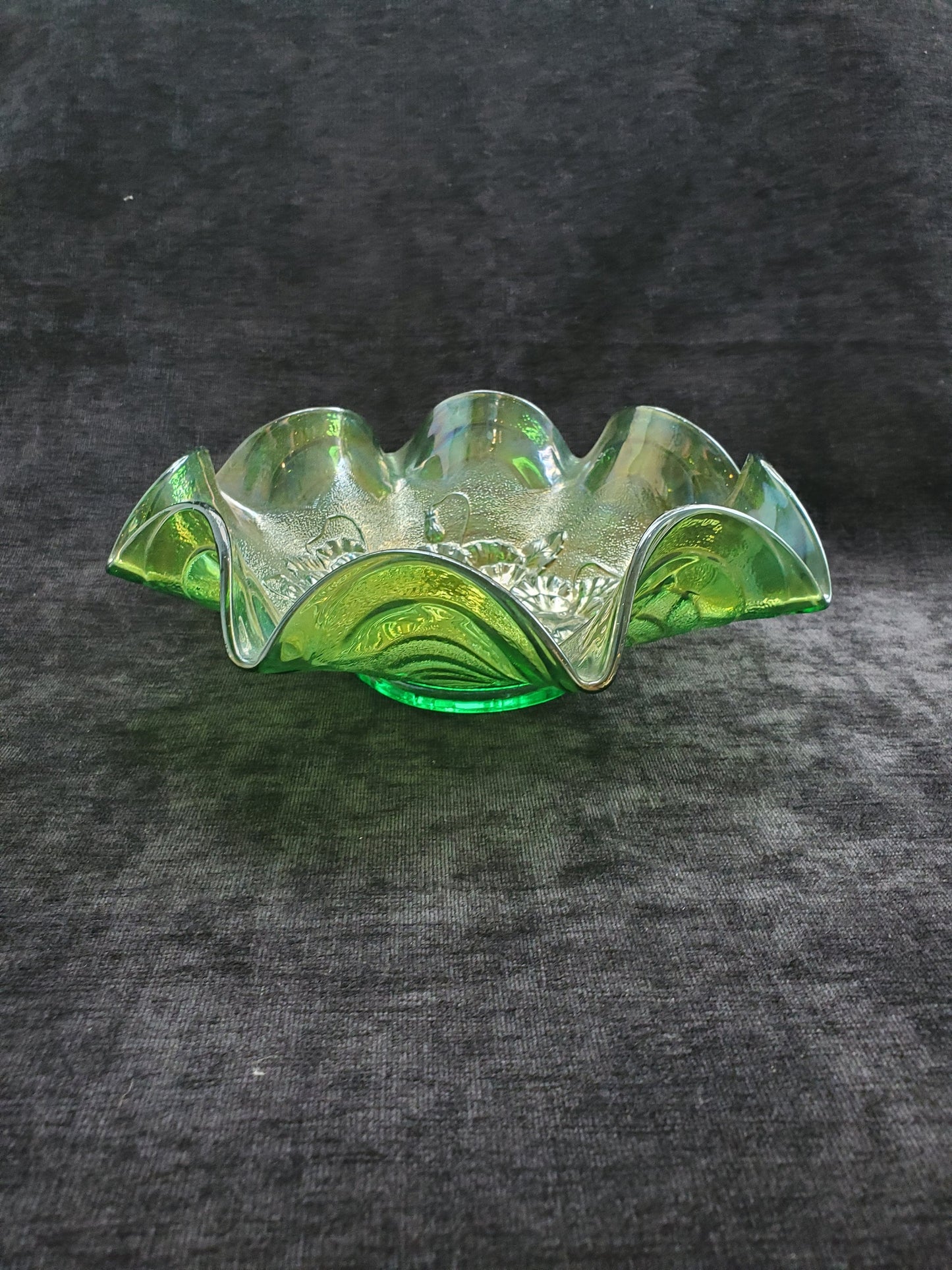 Pansy and Aros, Imperial Glass, Green Carnival Glass Ruffled Edge Bowl
