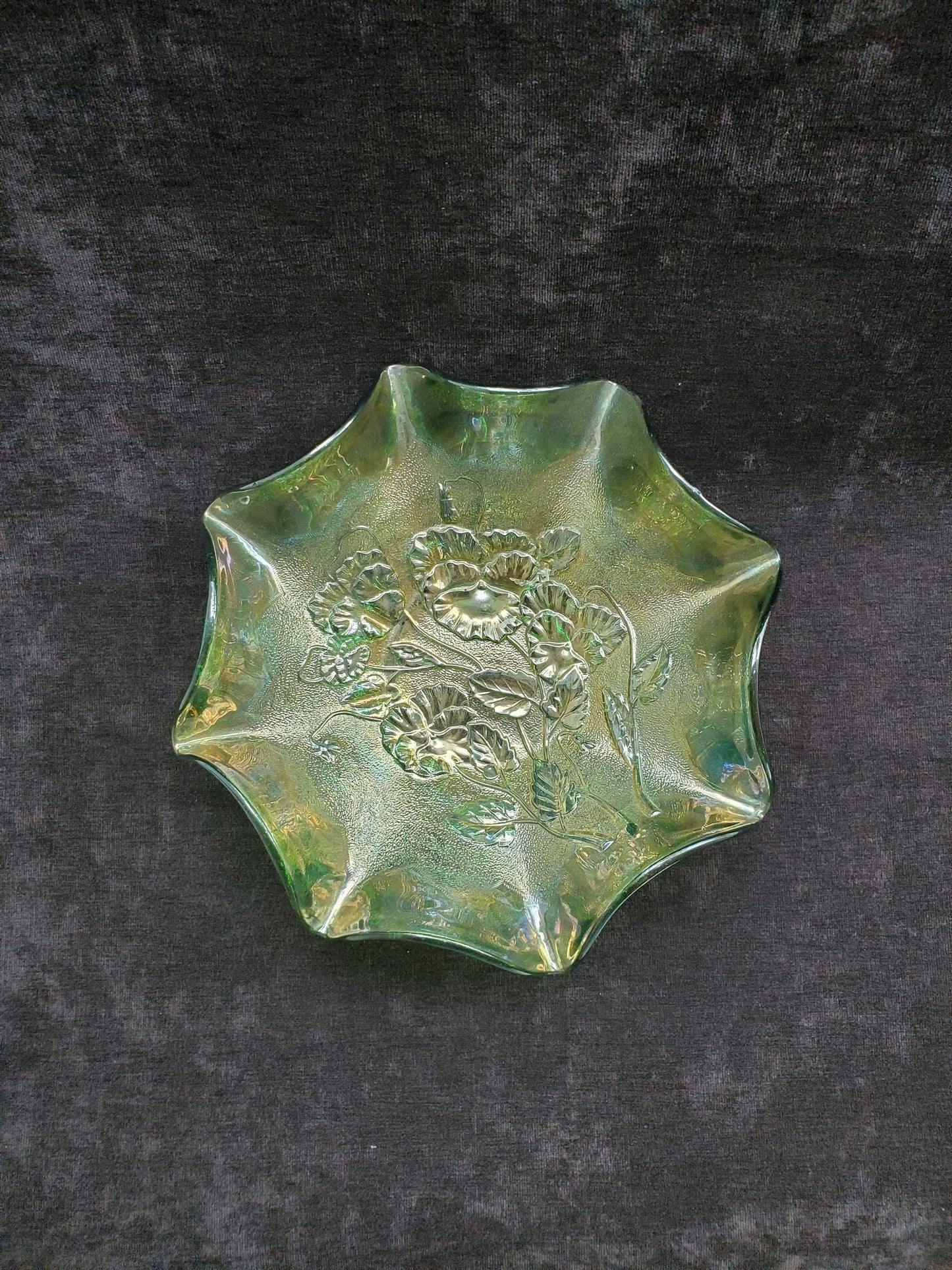 Pansy and Aros, Imperial Glass, Green Carnival Glass Ruffled Edge Bowl