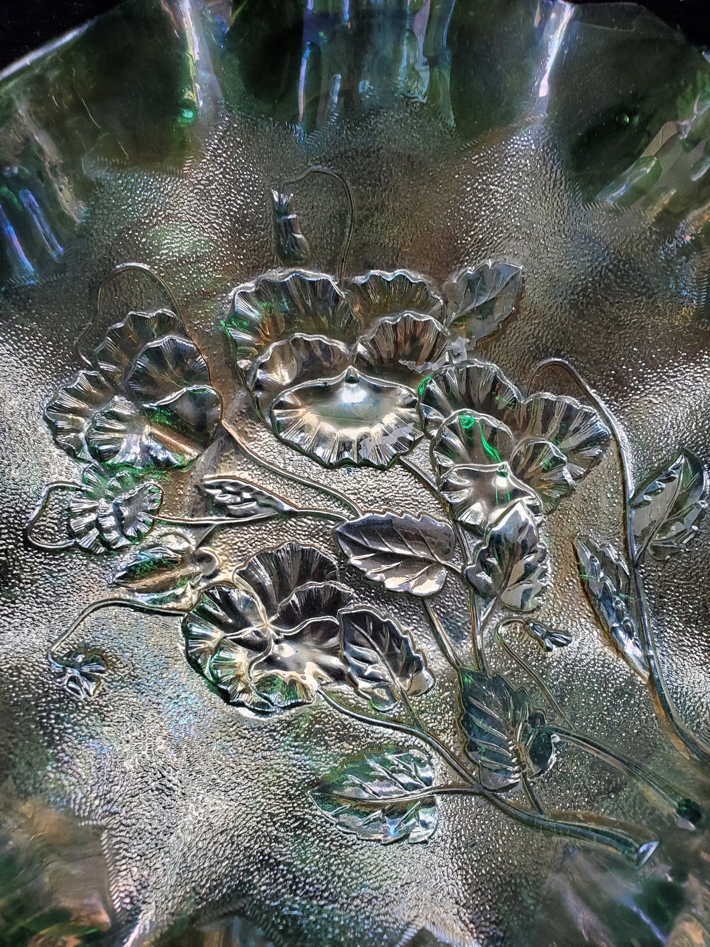 Pansy and Aros, Imperial Glass, Green Carnival Glass Ruffled Edge Bowl
