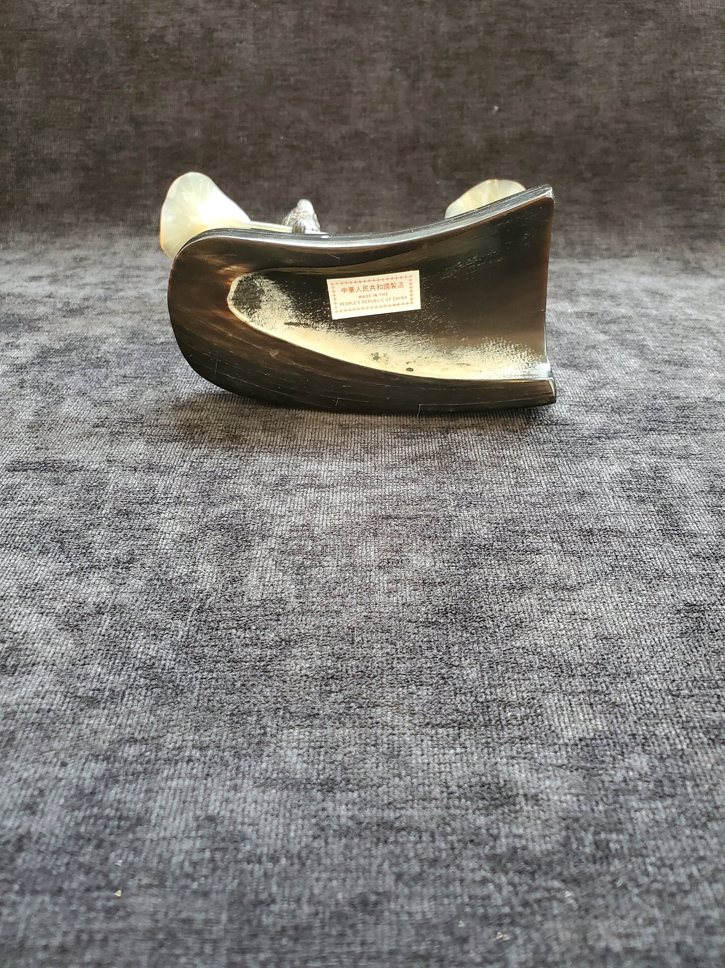 Carved Horn Chinese Bird and Lily Pad Sculpture Rare Peoples Republic of China Paper Label